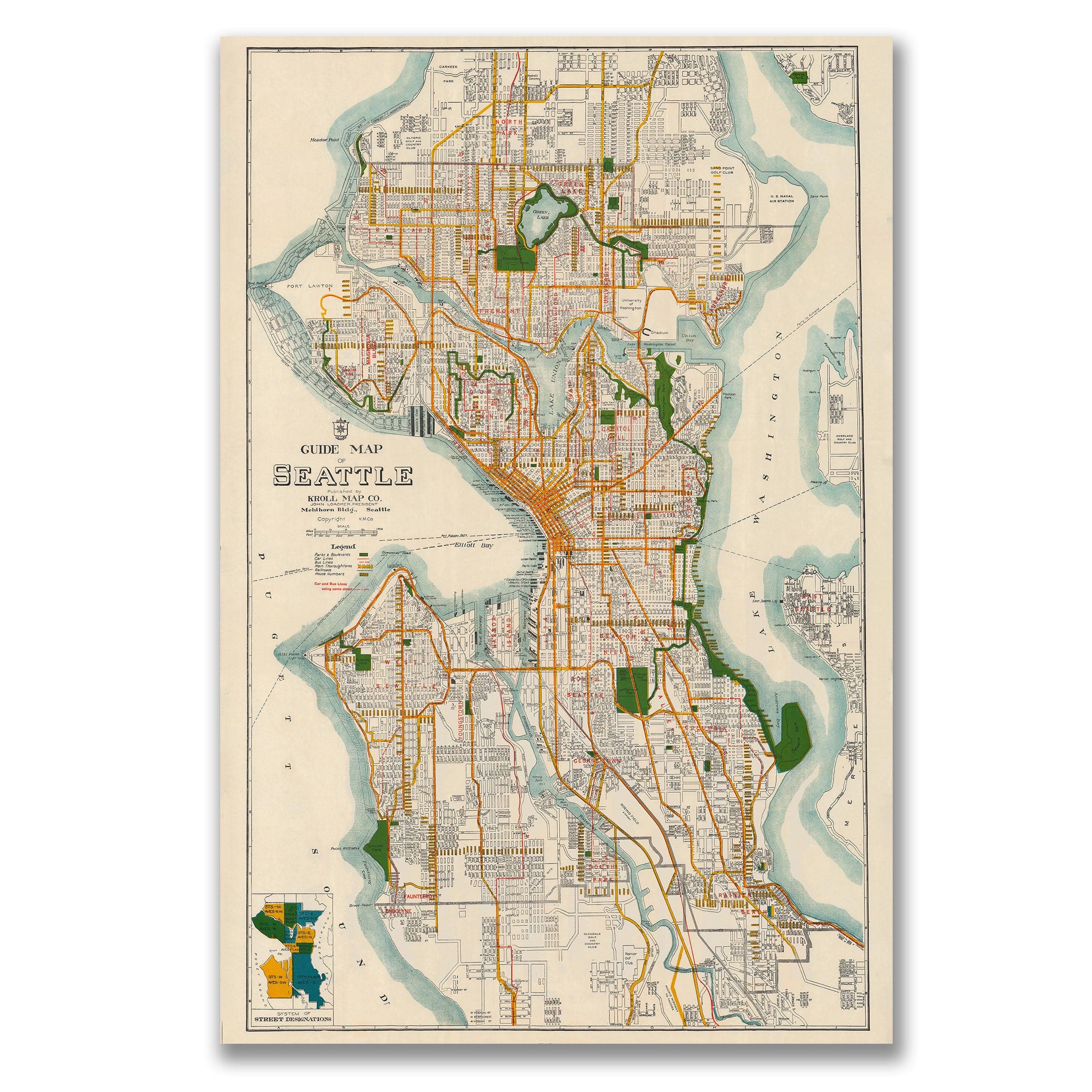 Vintage Guide Map of Seattle 1929 - Emerald City Survey - Archive Prints