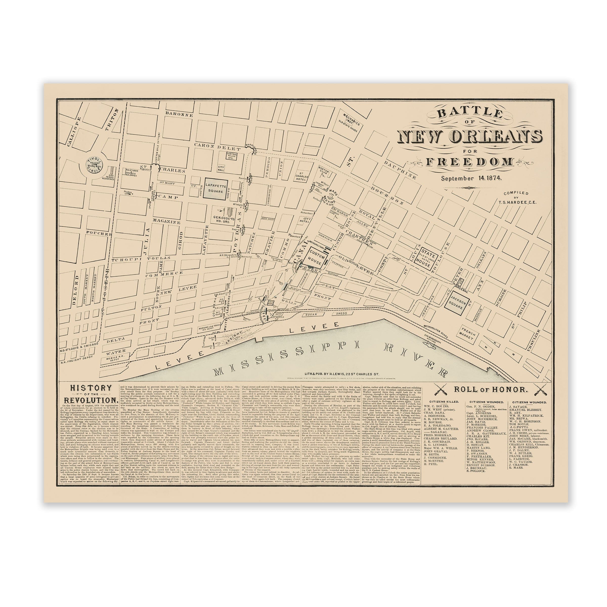 Vintage New Orleans Map 1874 - Archive Prints
