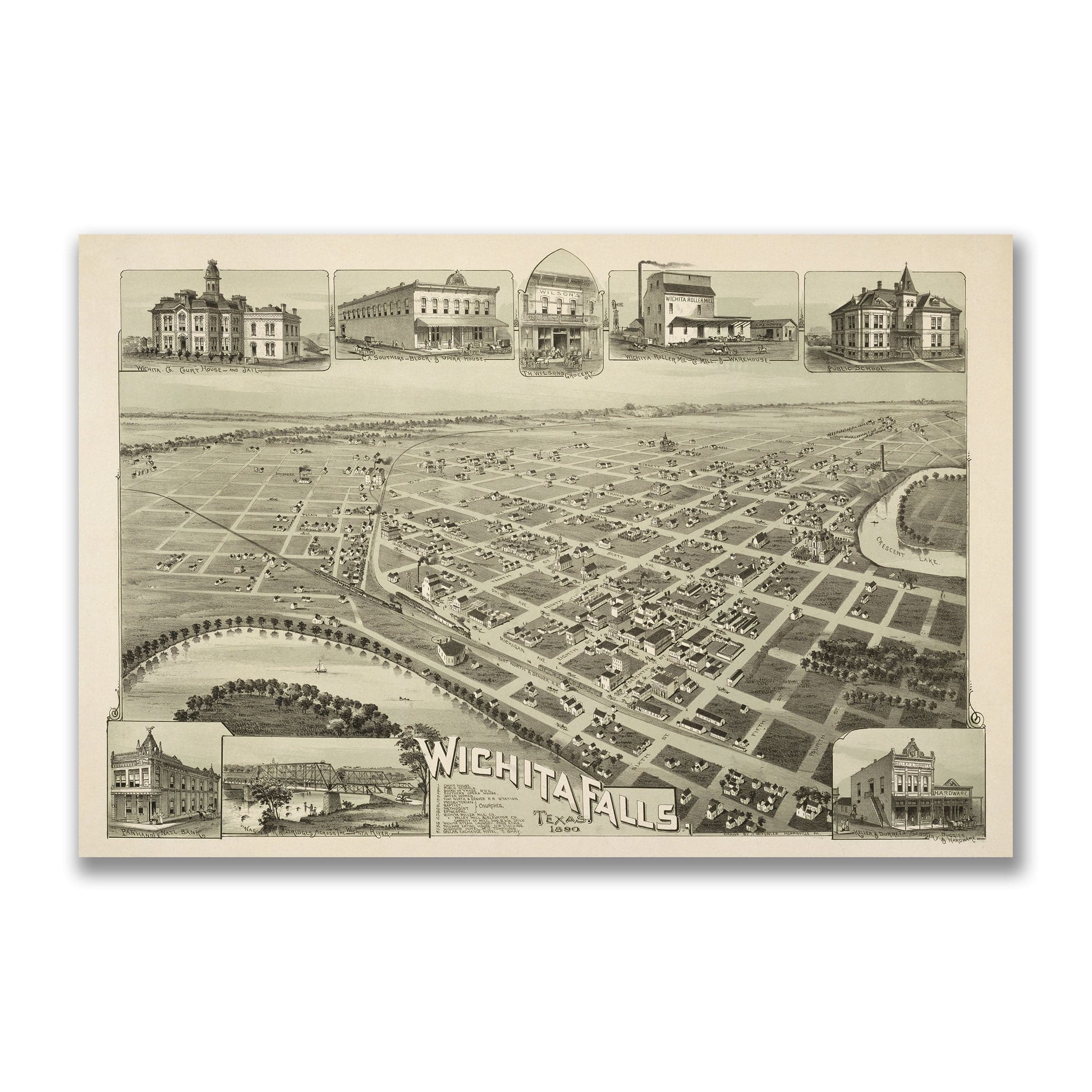 Wichita Falls, Texas Vintage Map 1890 - Bird's Eye View - Archive Prints