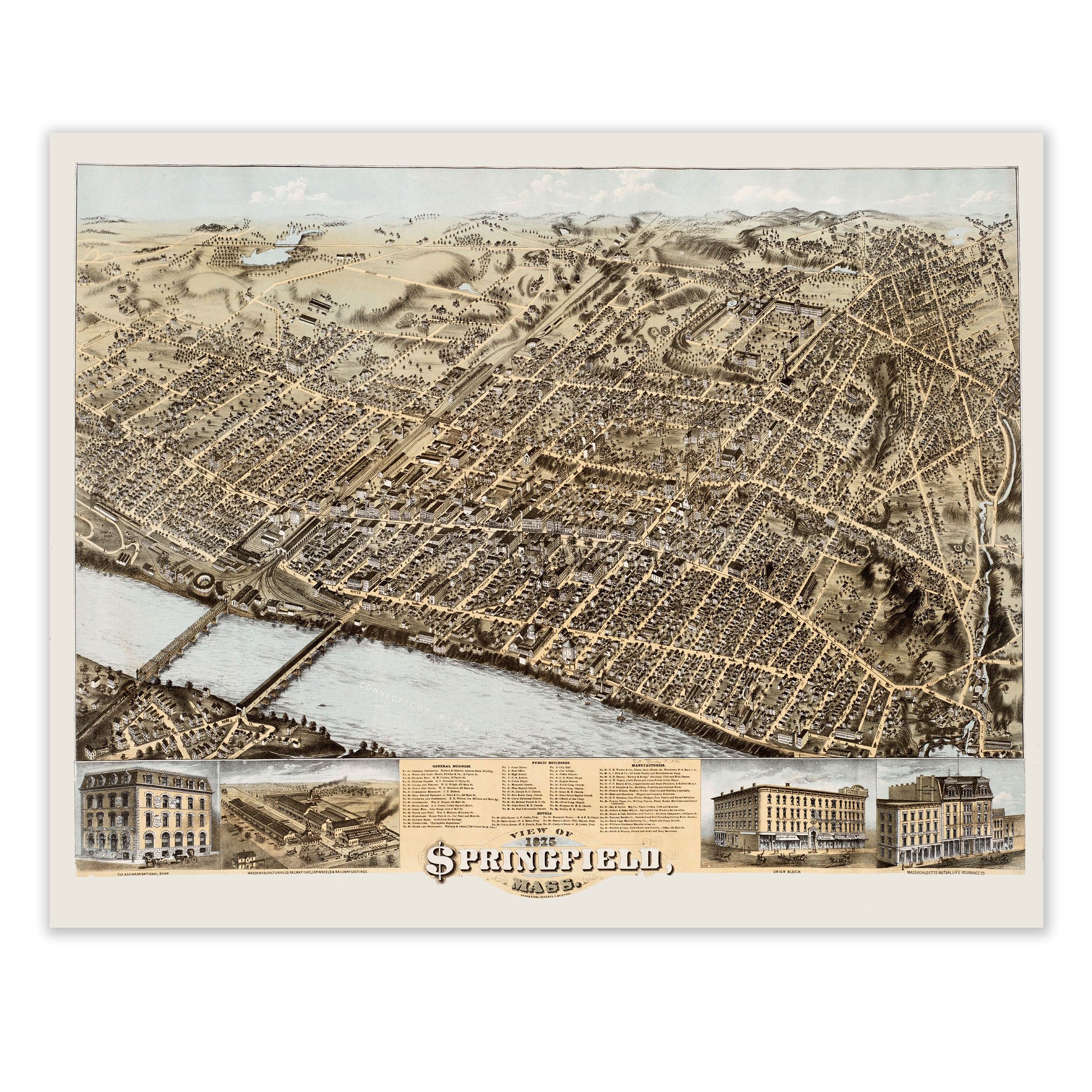 Springfield, Massachusetts Vintage Map 1875 - Bird's Eye View - Archive Prints