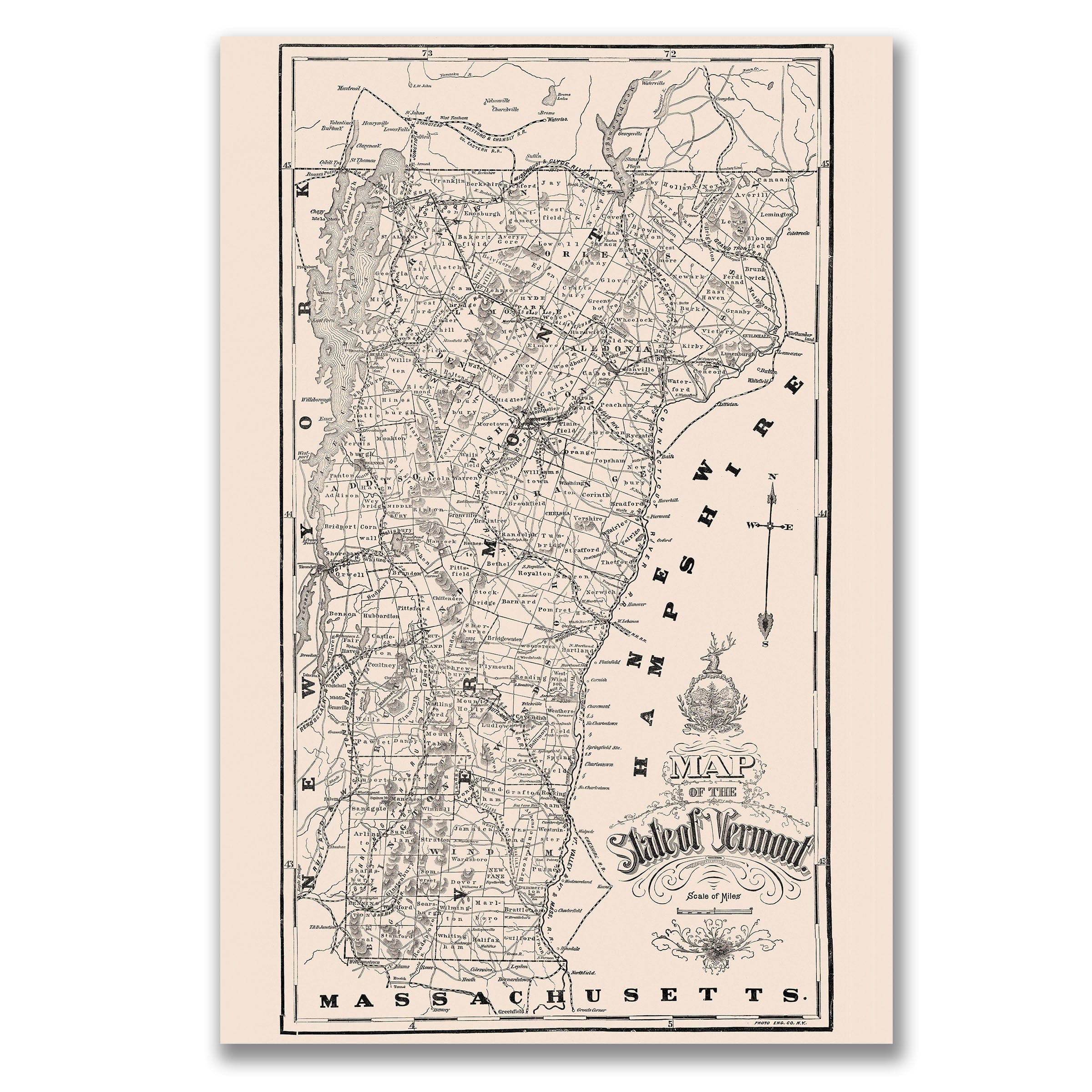 Vintage State of Vermont Map 1890 - Photo Engraving Co. - Archive Prints
