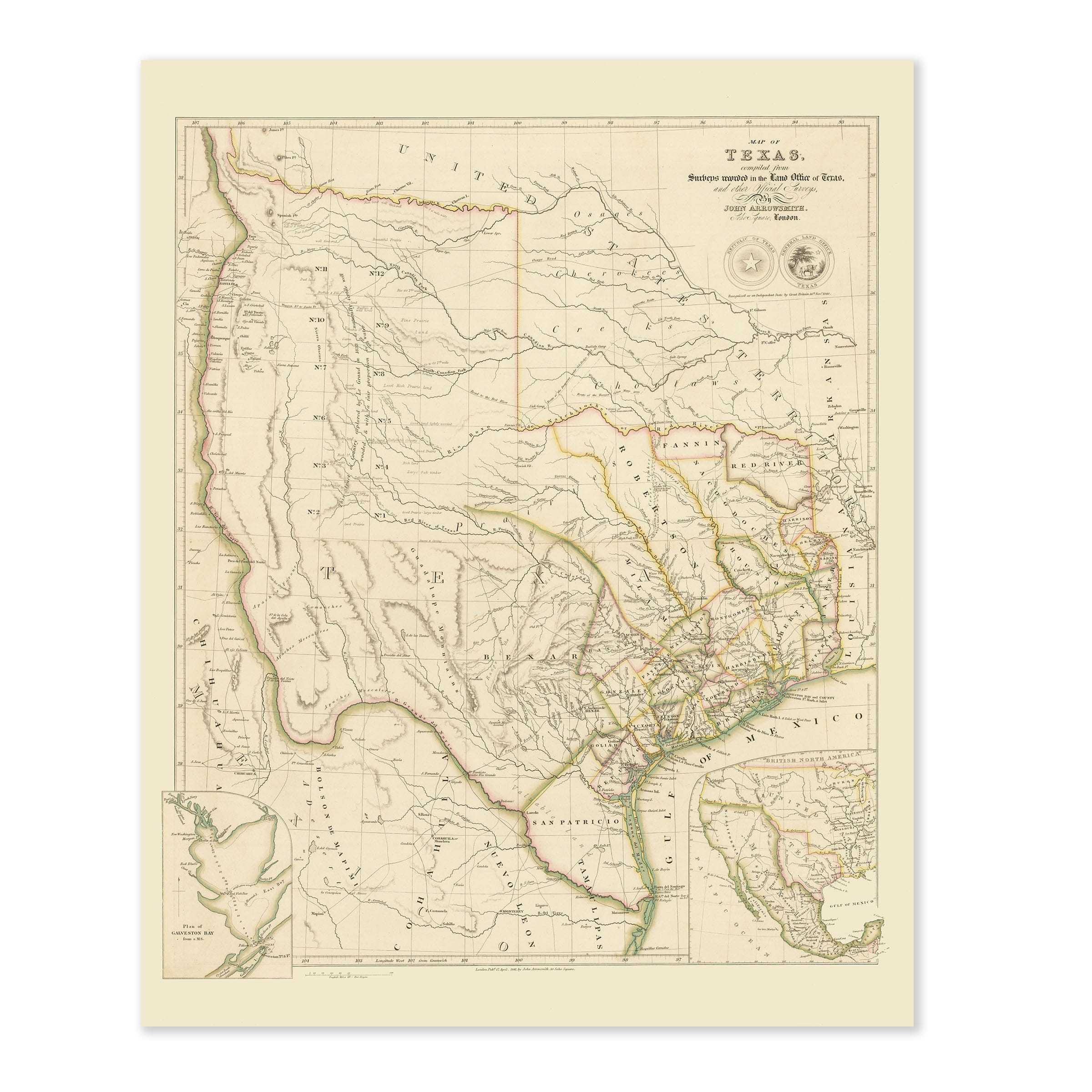 Vintage Texas Map 1841 - Republic of Texas Archival Print by Arrowsmith