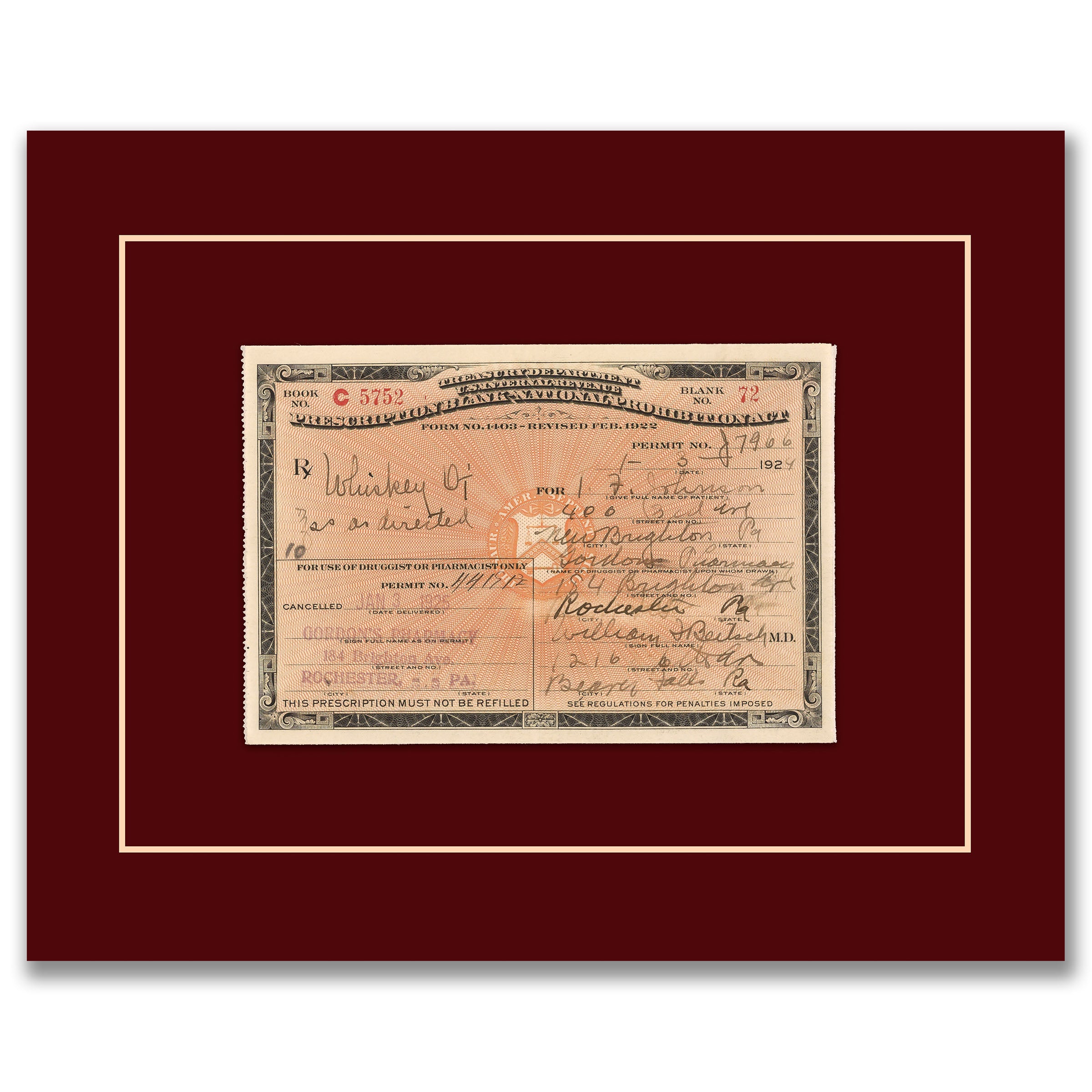 Prohibition Medicinal Whiskey Prescription - Historic Legal Loophole Document
