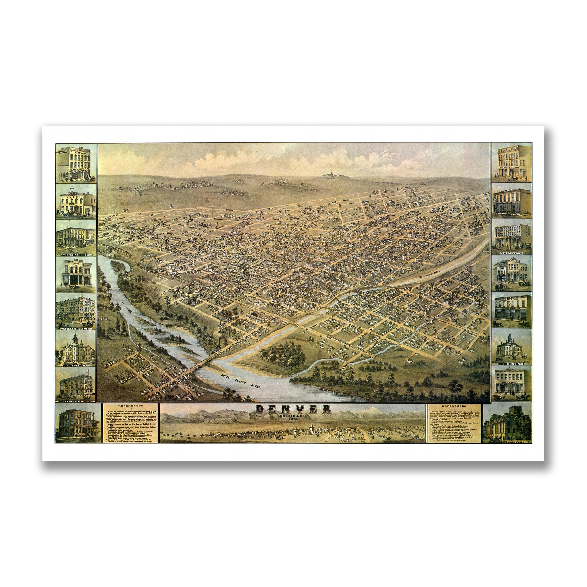 Denver Colorado Map - 1874 Bird's-Eye View Historic Mile High City Map - Archive Prints