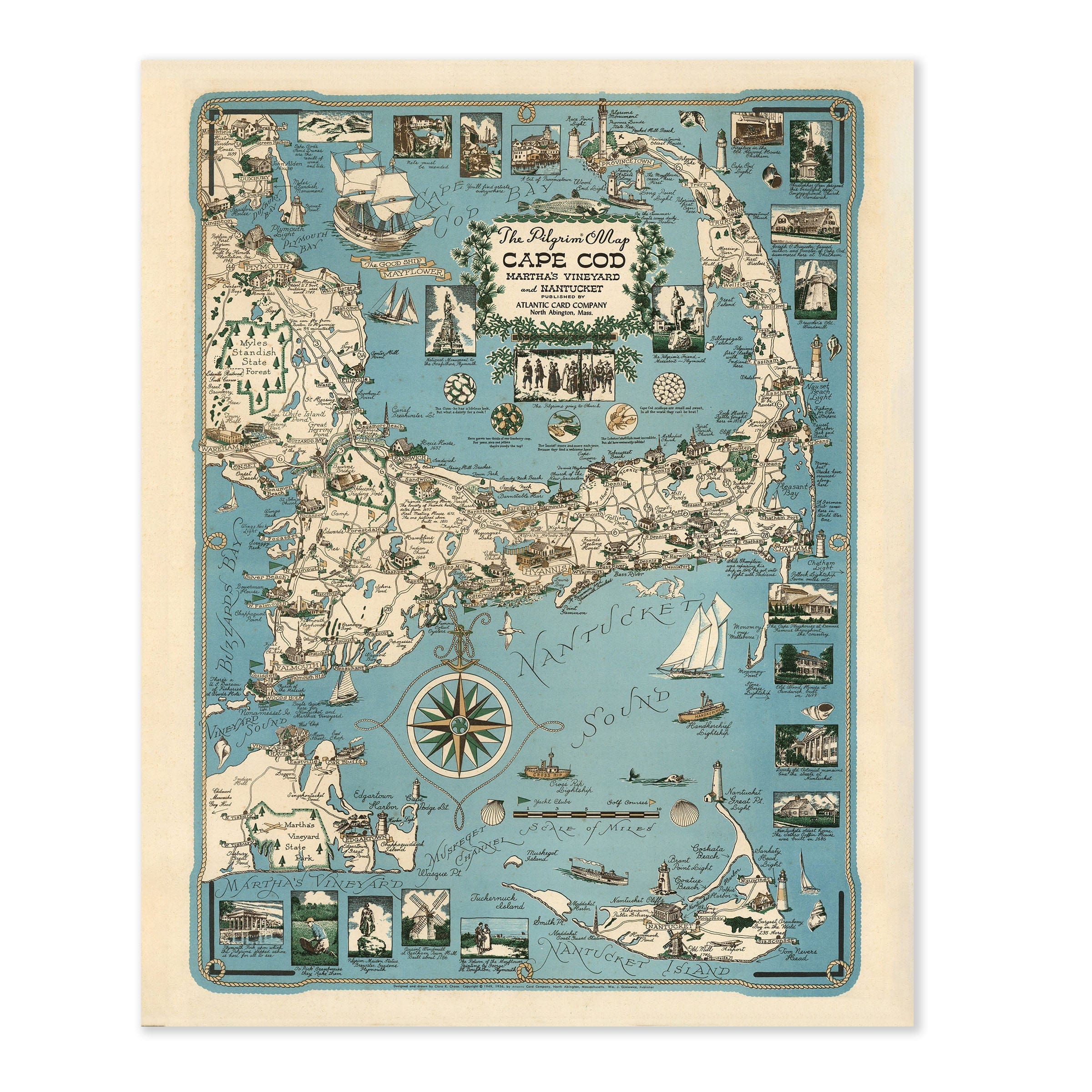 Cape Cod, Martha's Vineyard & Nantucket Map c.1950s - Archive Prints