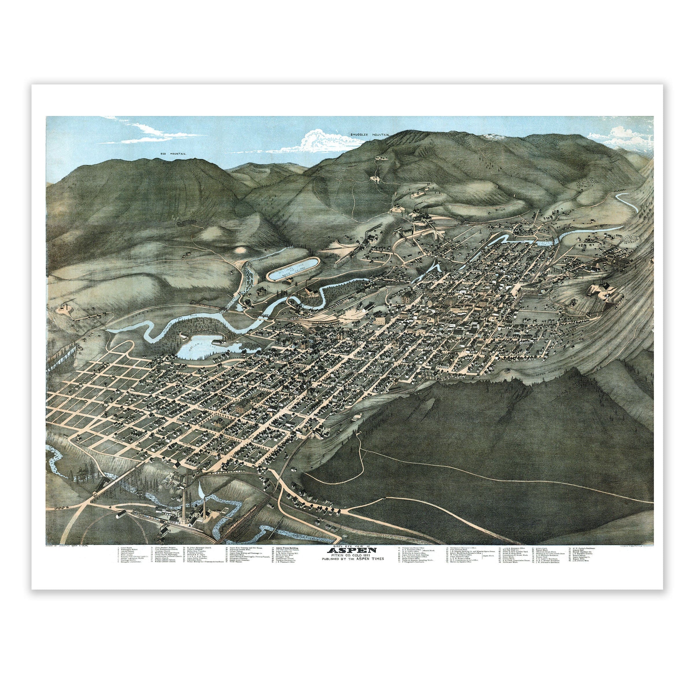 Aspen Colorado Map - 1893 Historic Bird's-Eye View of a Mining Town - Archive Prints