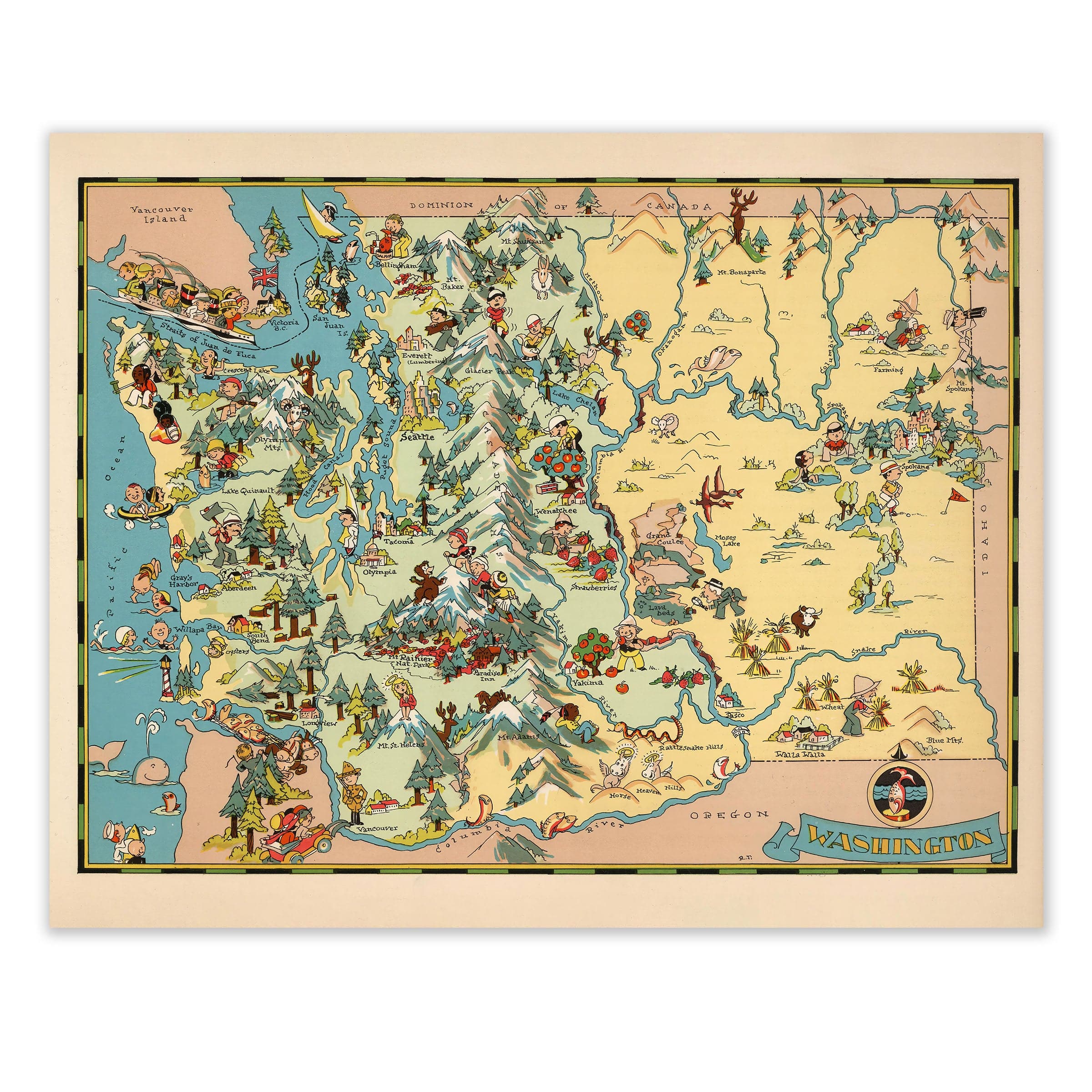 Washington State Map - 1935 Pictorial Journey Through the Evergreen State - Archive Prints