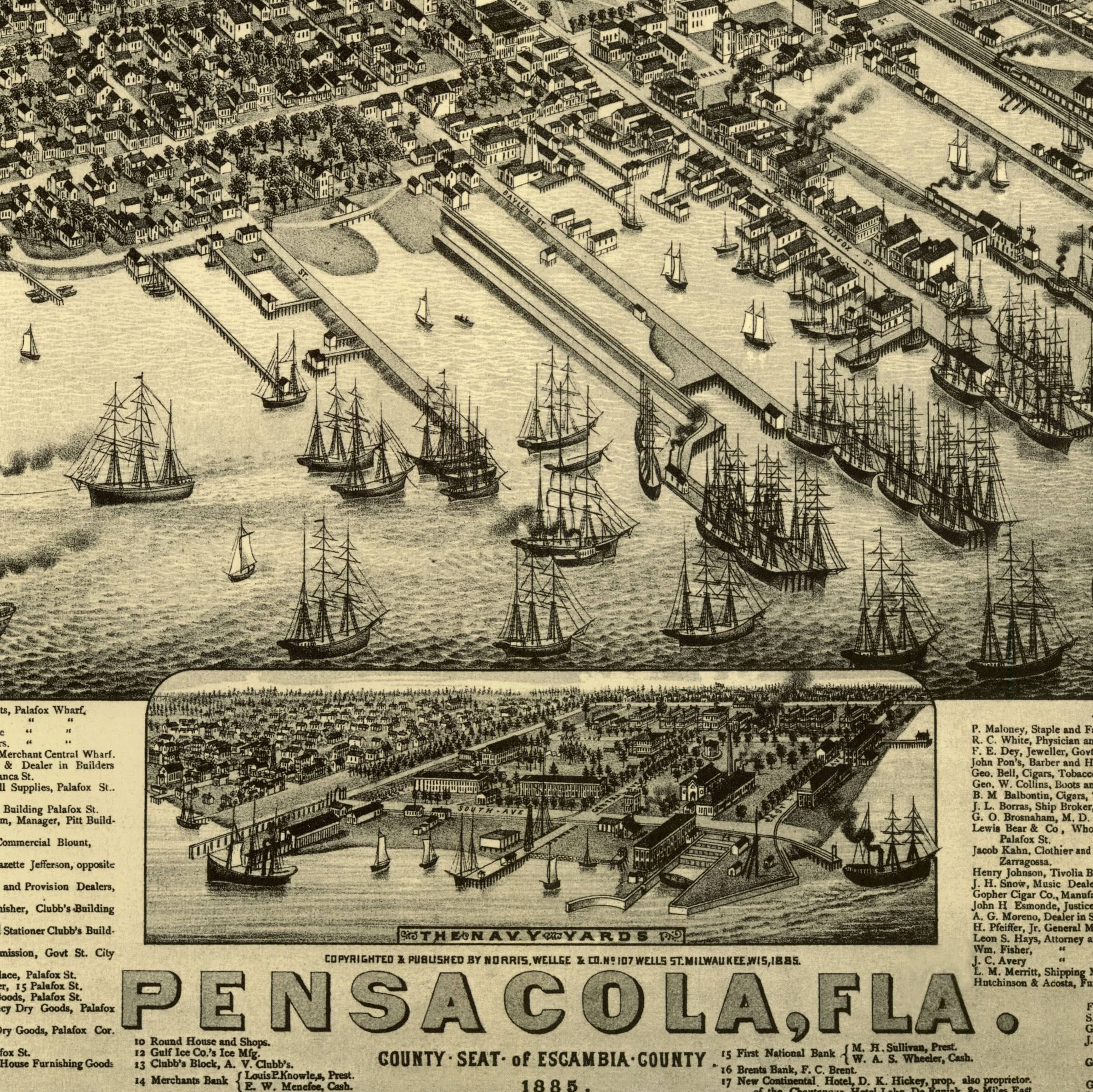 Pensacola, Florida Map - 1885 Bird's-Eye View Historic Gulf Coast Map - Archive Prints