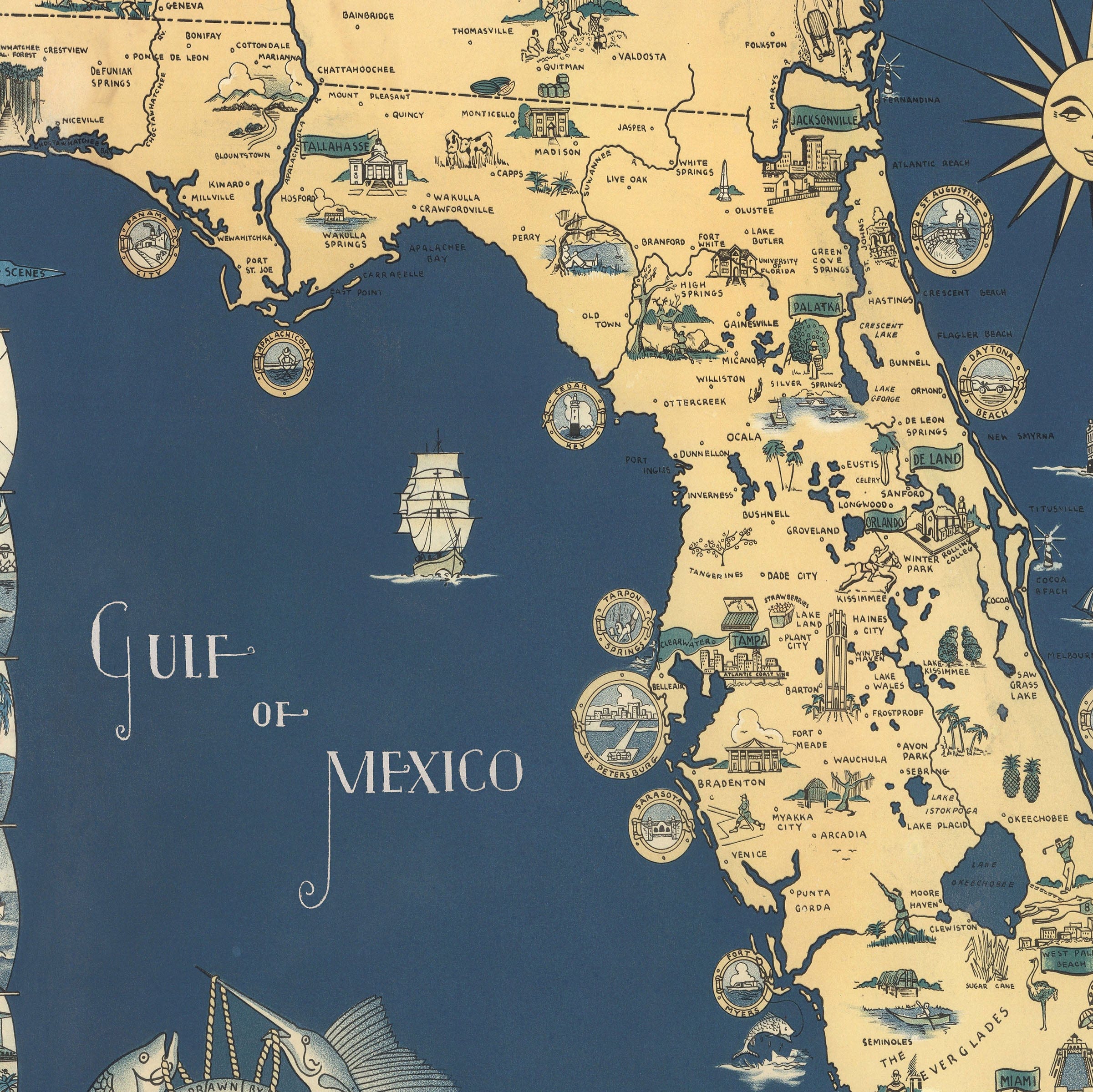 Antique Map of Florida c. 1930s - Pictorial Sunshine State - Archive Prints