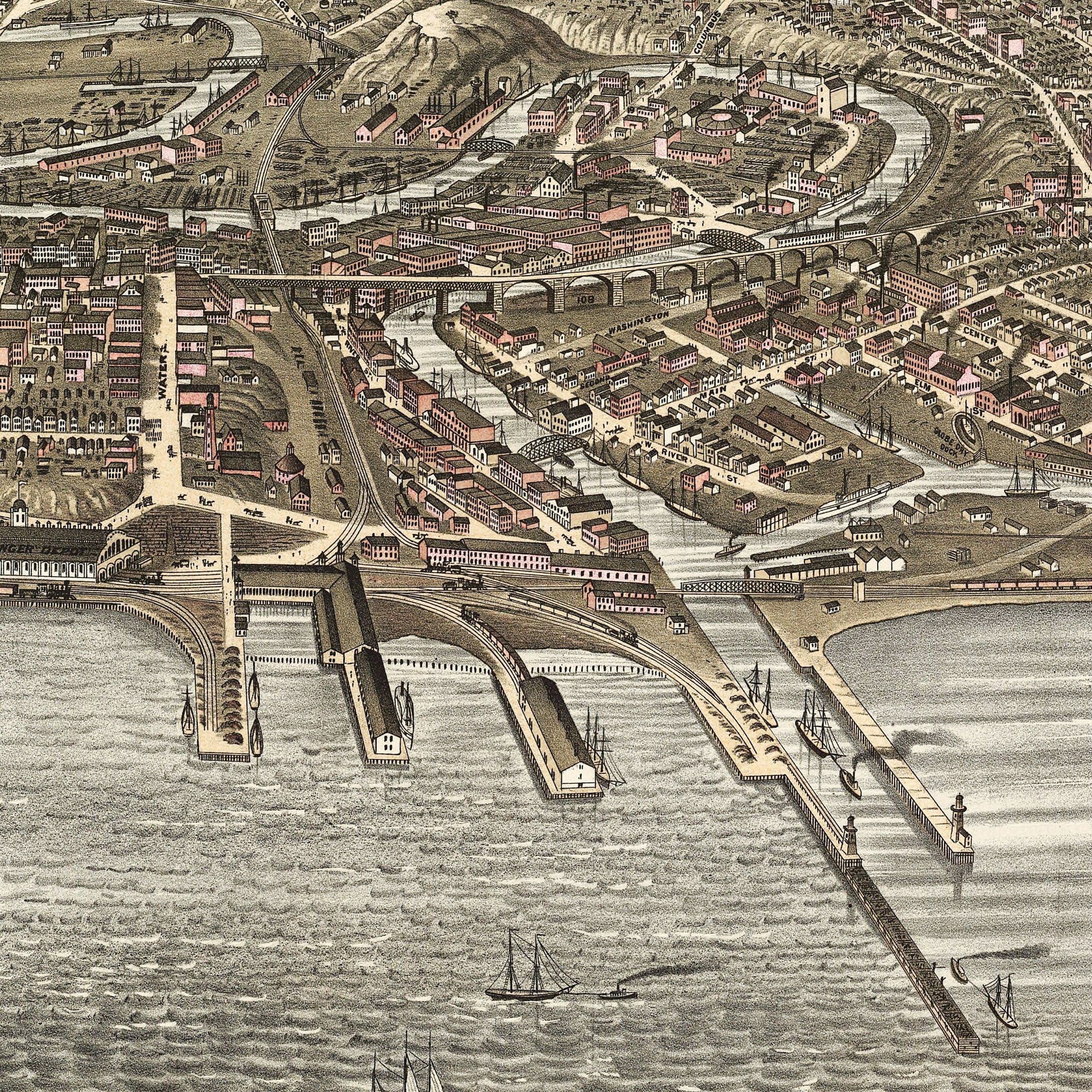 Cleveland, Ohio Map - 1877 Bird's Eye View