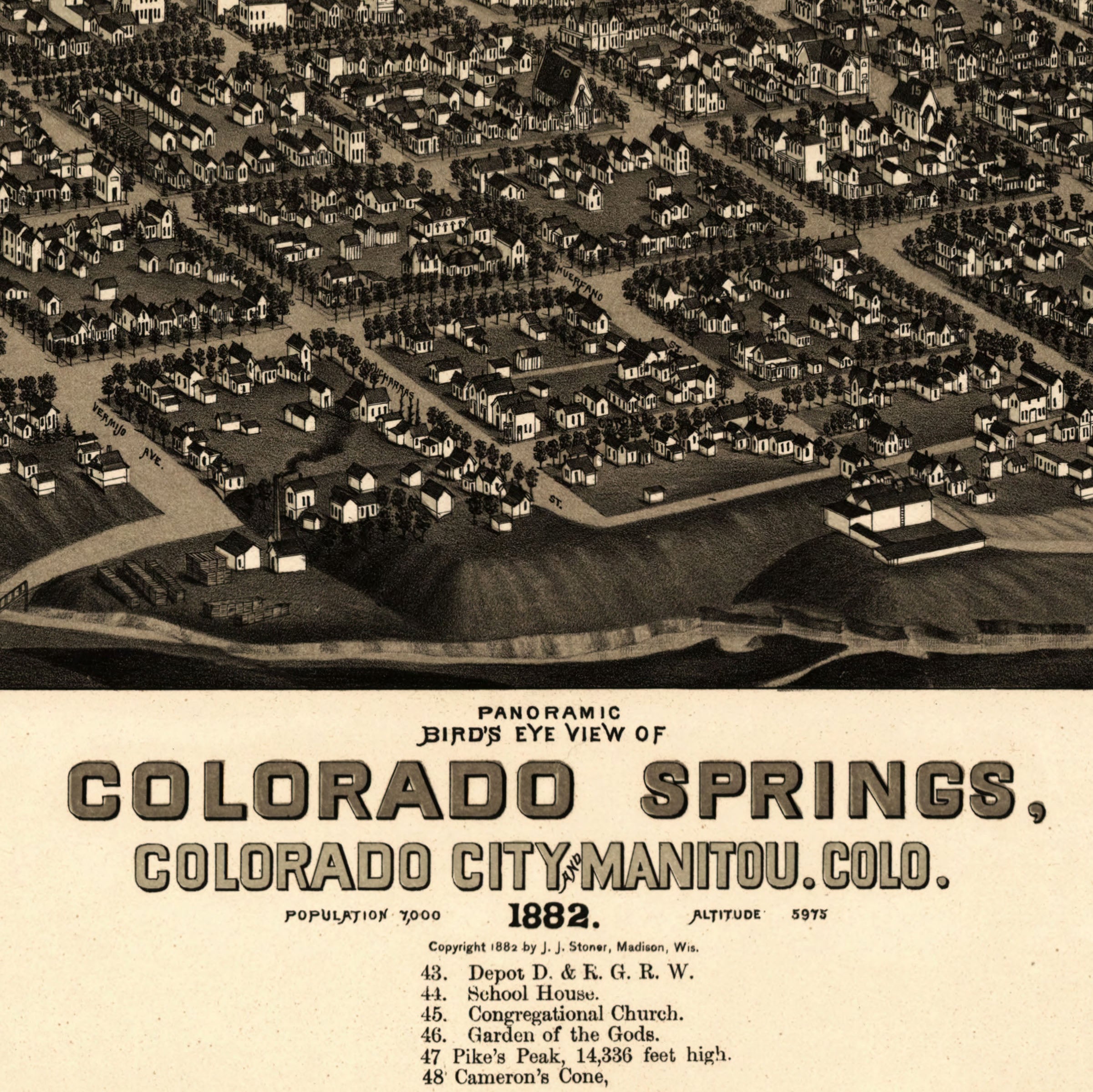 Colorado Springs Map 1882 - Vintage Bird's Eye View Pikes Peak Panoramic Map