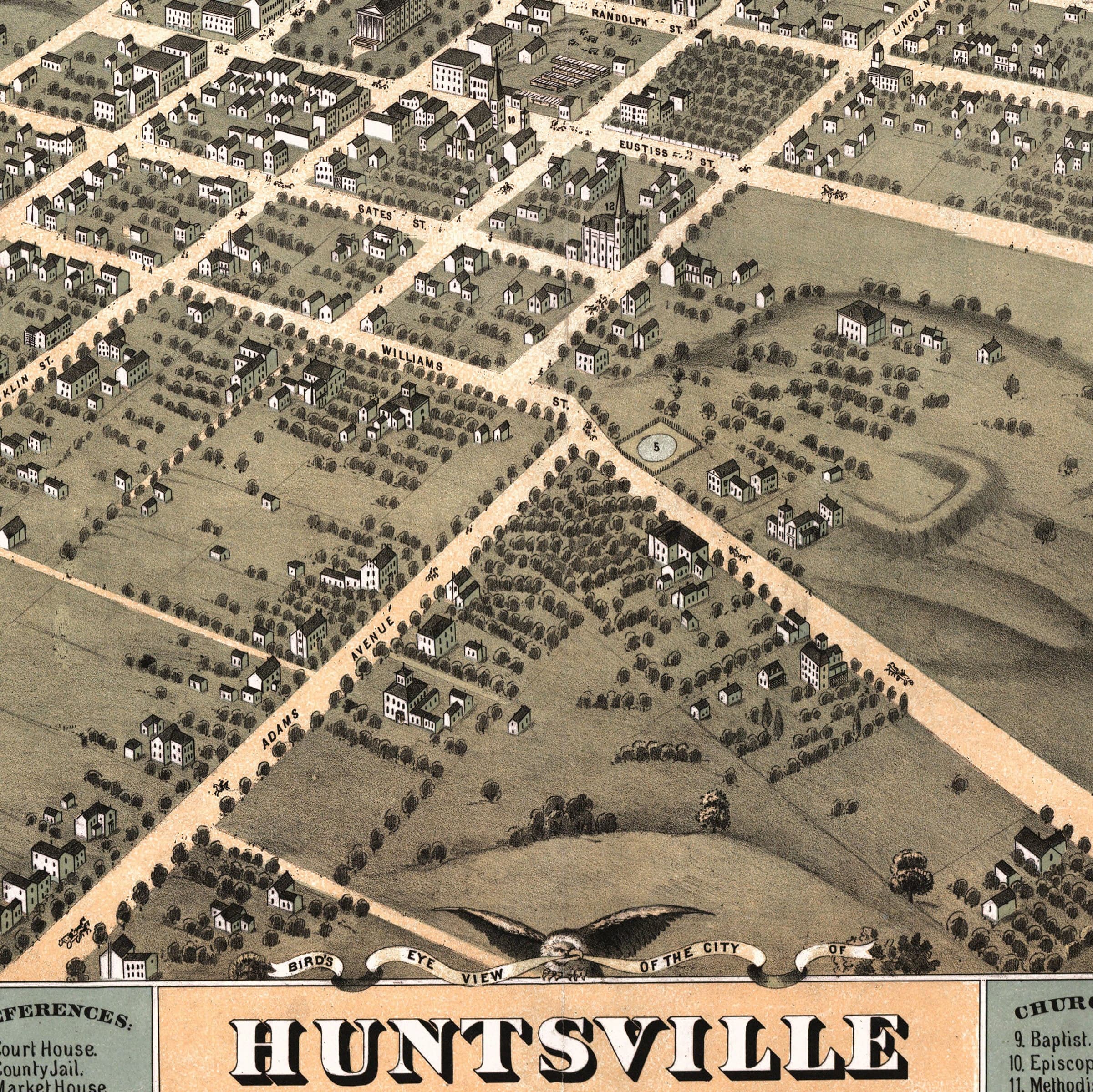 Huntsville Alabama Map - 1871 Bird's-Eye View Historic Madison County Map
