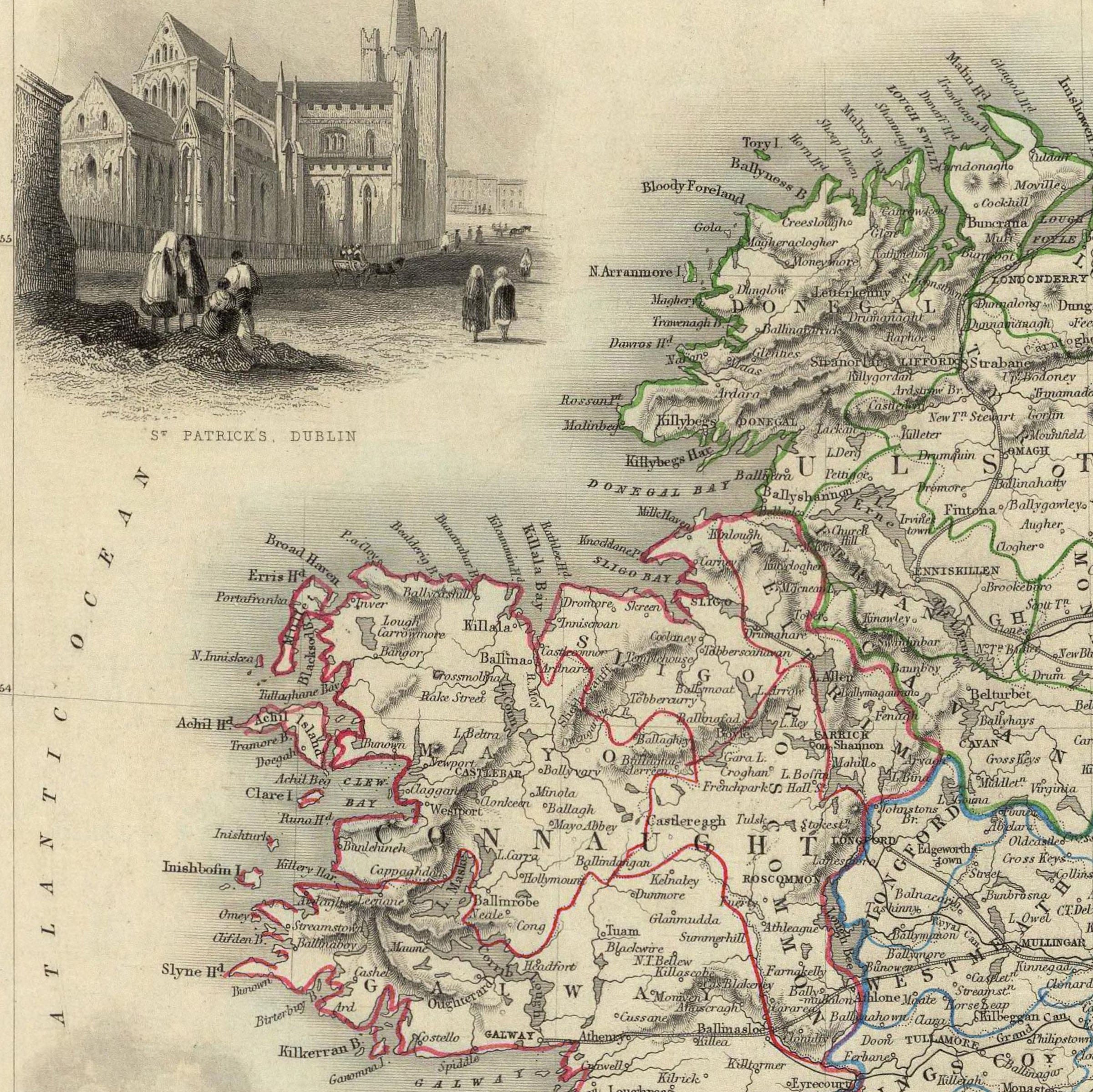 Vintage Ireland Map c. 1840s - J. & F. Tallis Illustrated
