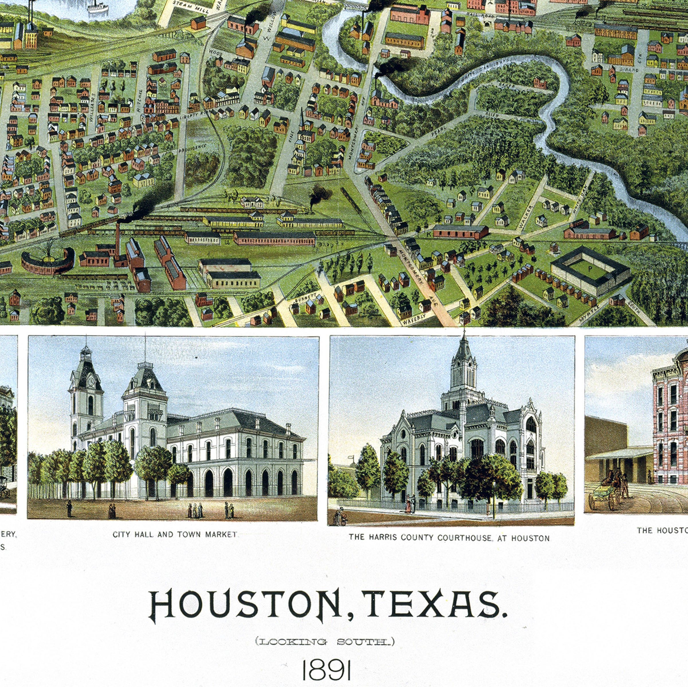 Houston Map - Vintage 1891 Koch Historical City Map