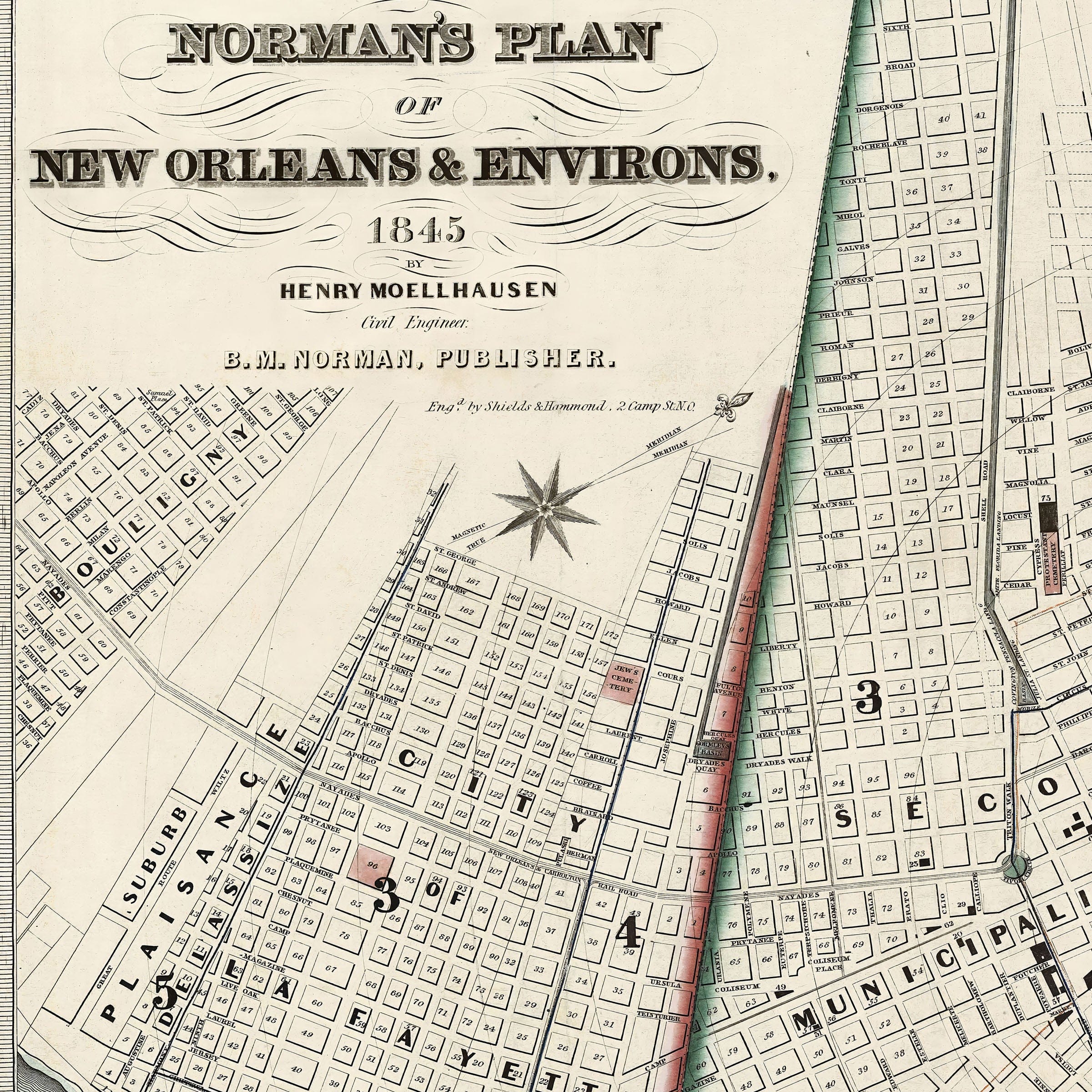 Vintage New Orleans Map - 1845 Norman's Plan of New Orleans & Environs - Archive Prints