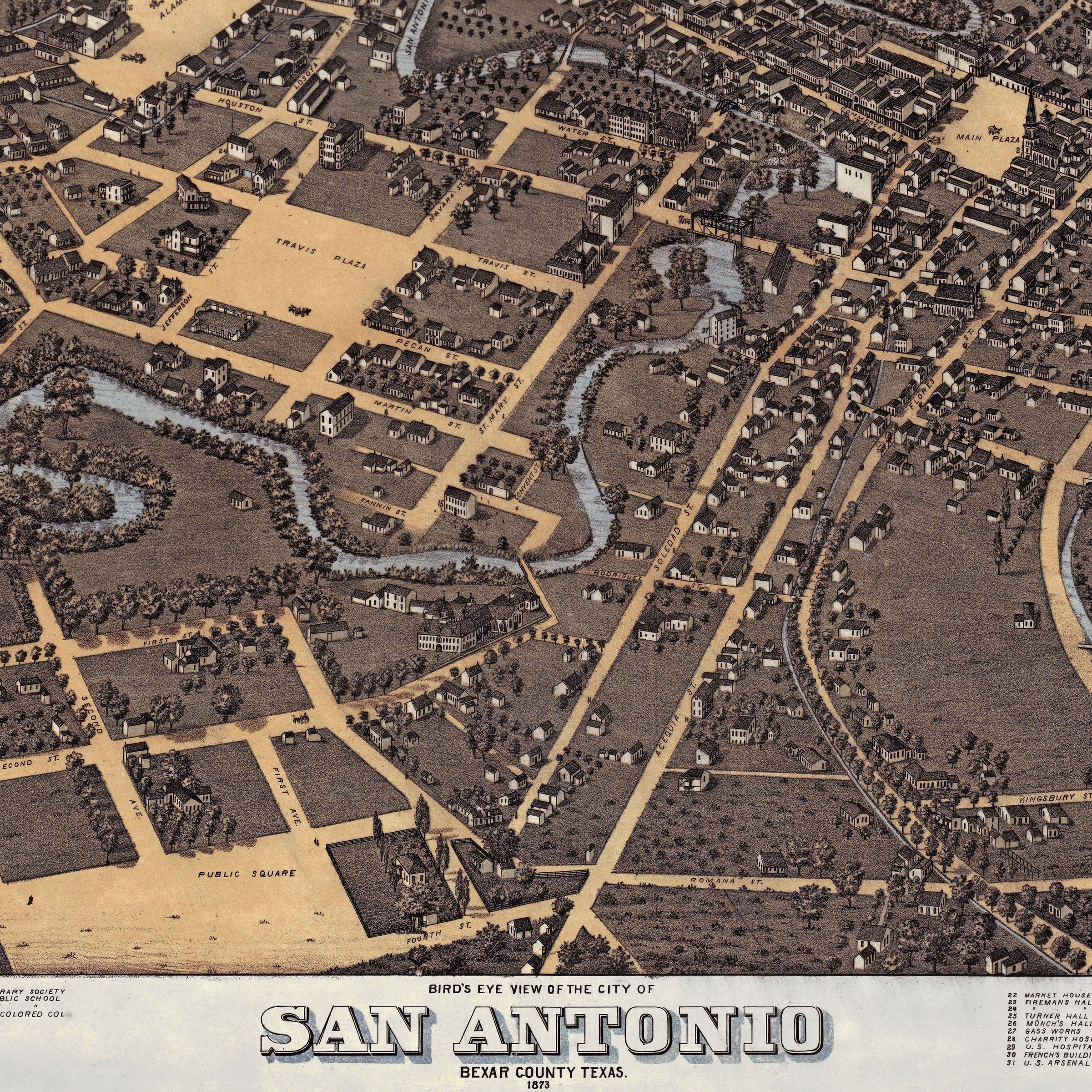 Bird's Eye View of San Antonio, Bexar County, Texas 1873 - Archive Prints