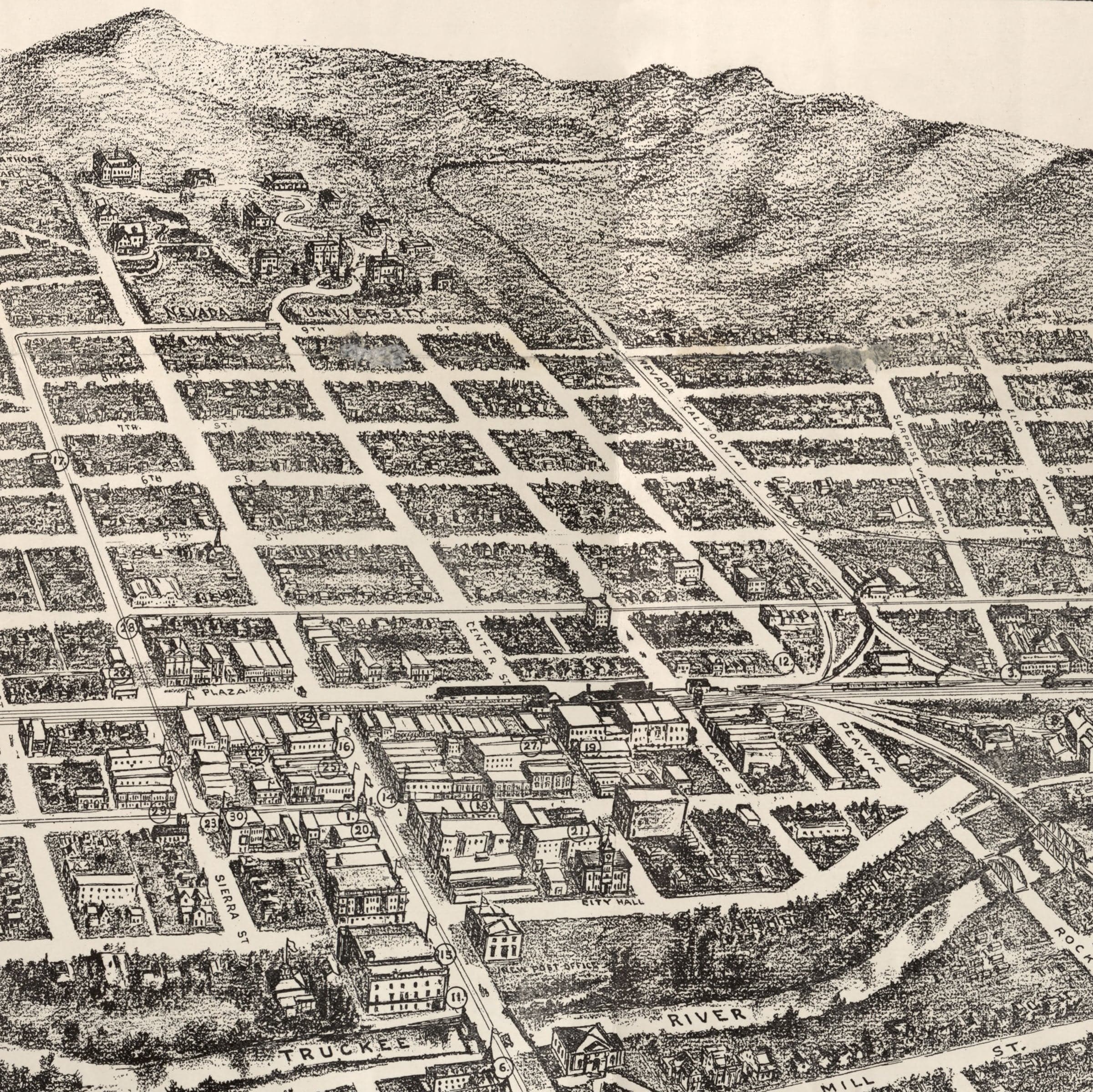 Reno, Nevada Vintage Map 1907 - Bird's Eye View - Archive Prints