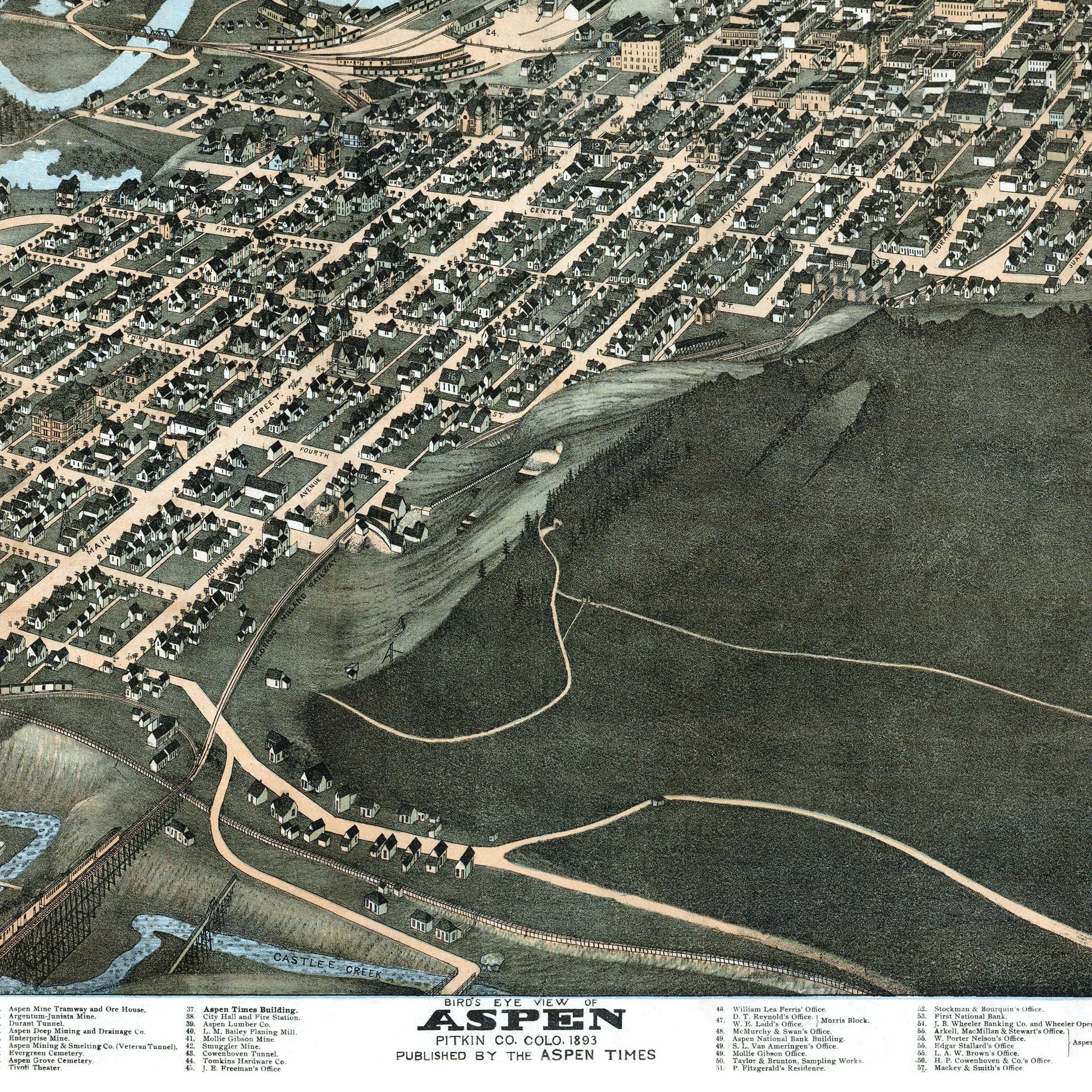 Aspen Colorado Map - 1893 Historic Bird's-Eye View of a Mining Town - Archive Prints