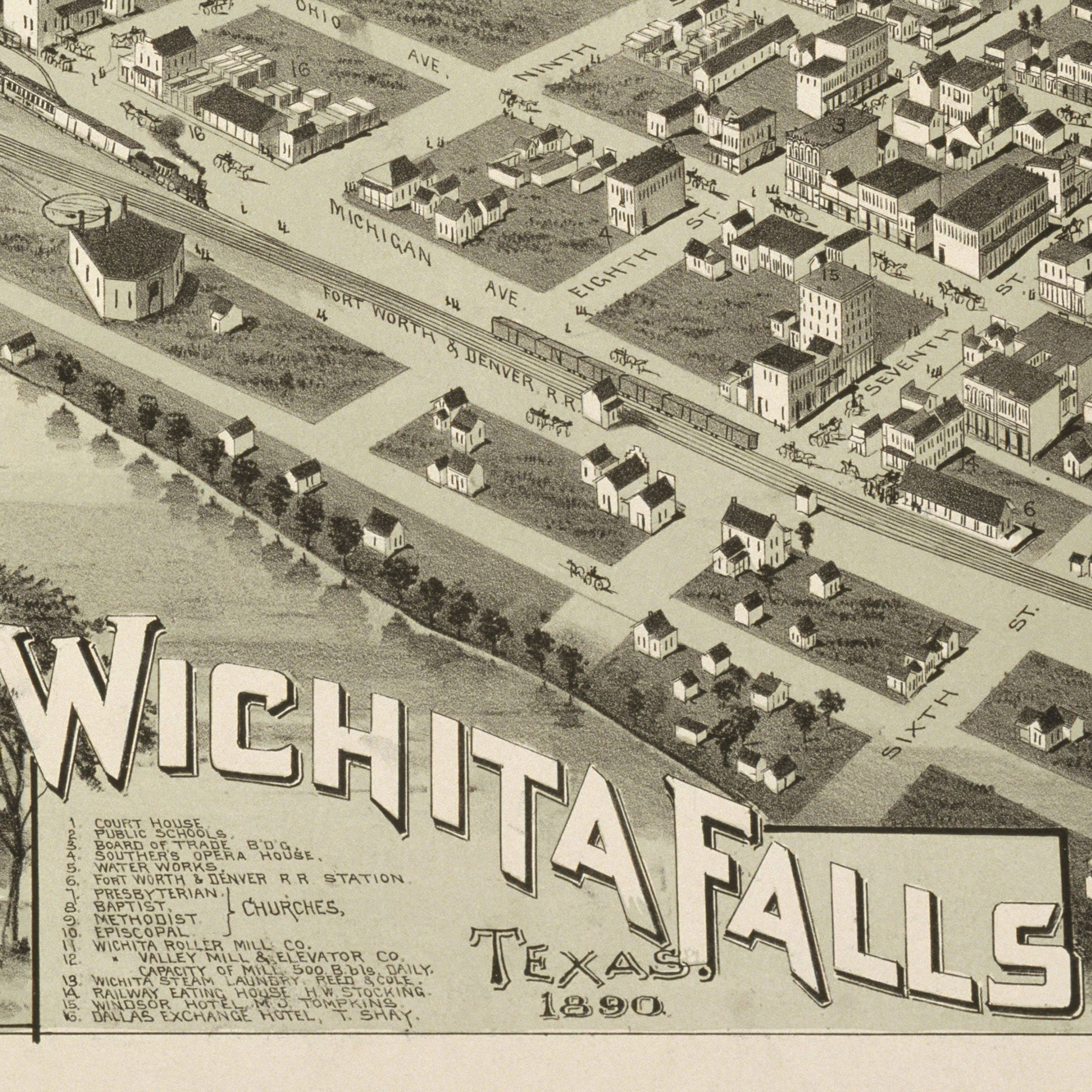Wichita Falls, Texas Vintage Map 1890 - Bird's Eye View - Archive Prints
