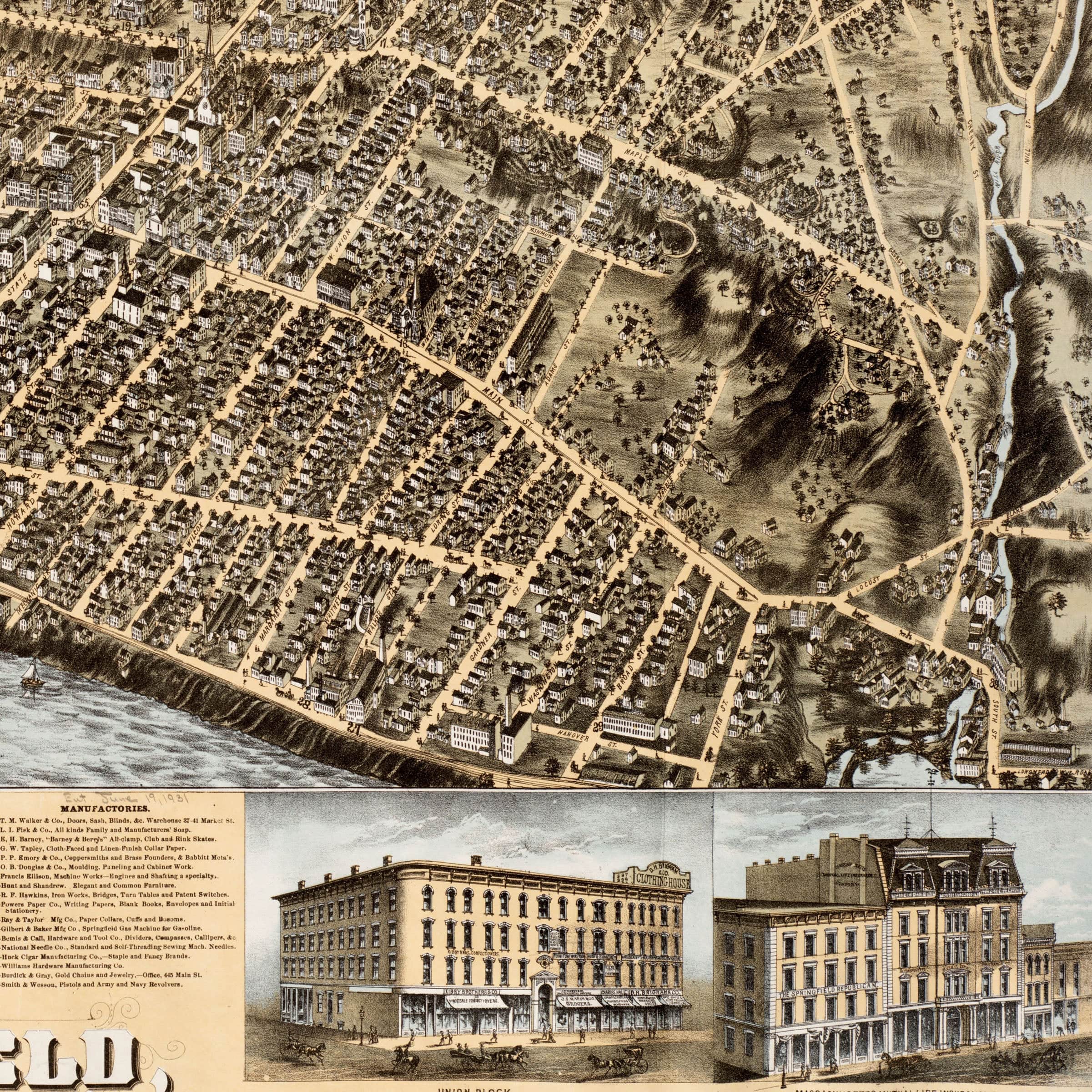 Springfield, Massachusetts Vintage Map 1875 - Bird's Eye View - Archive Prints