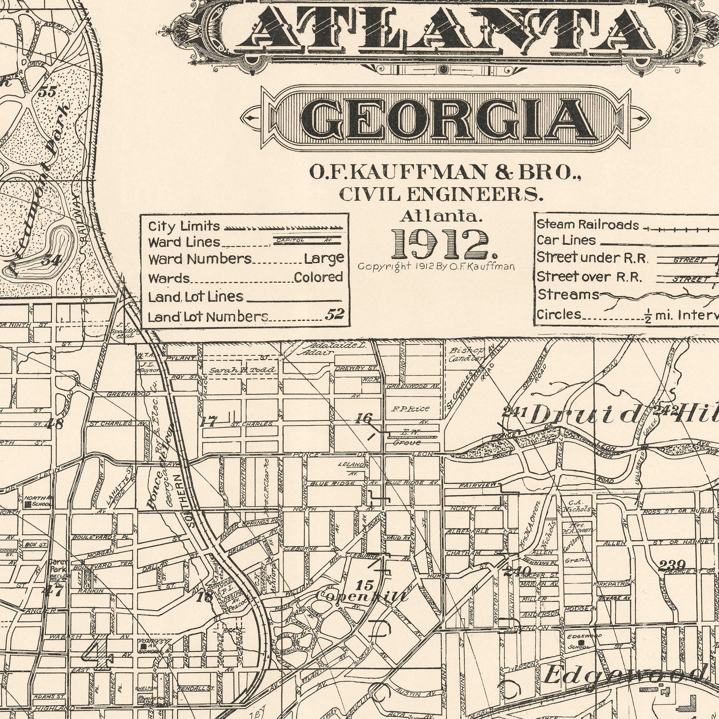 Map of the City of Atlanta, Georgia 1912 - Kauffman Survey - Archive Prints