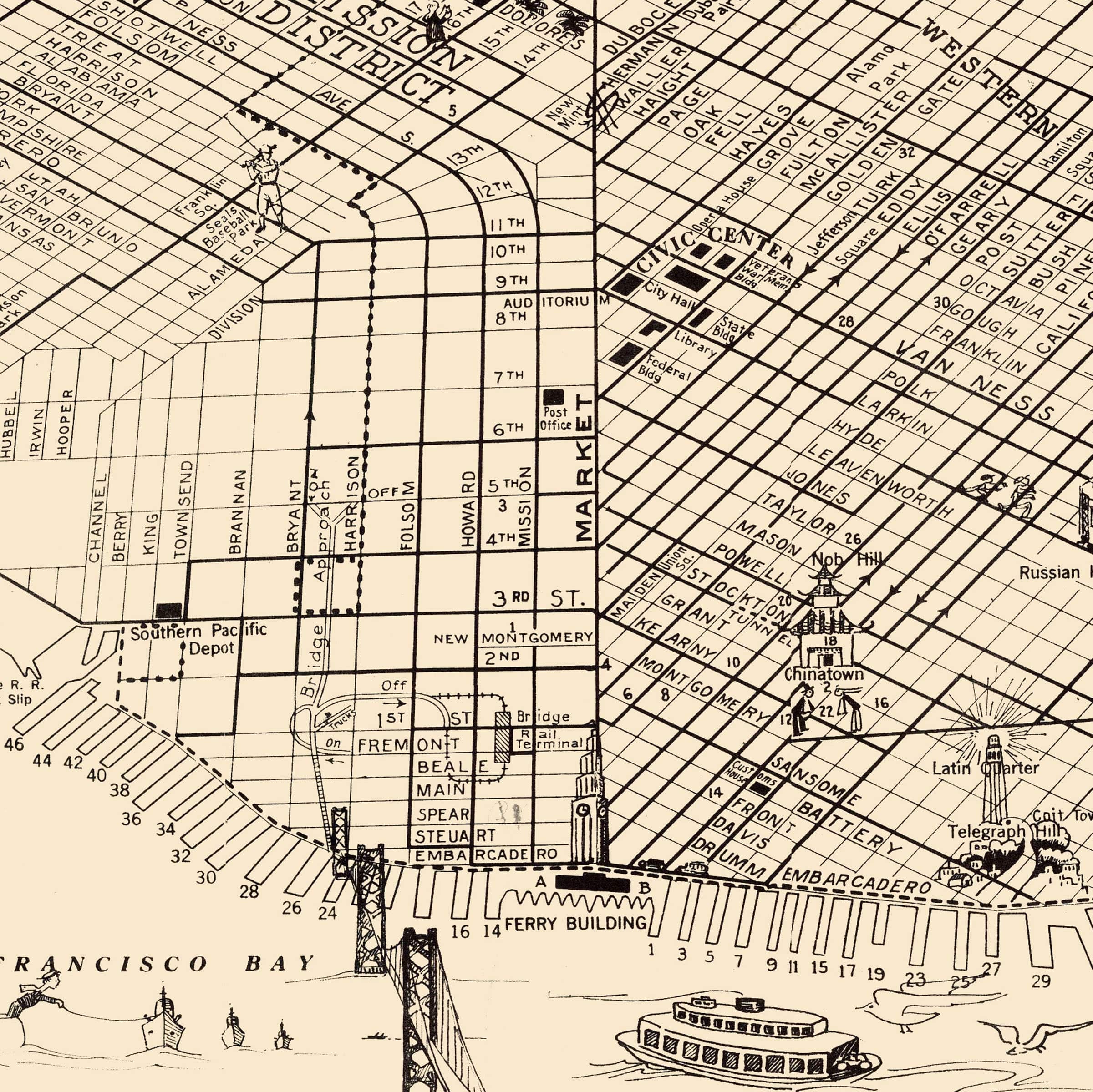 San Francisco, California Vintage Map 1938 - Golden Gate Era - Archive Prints