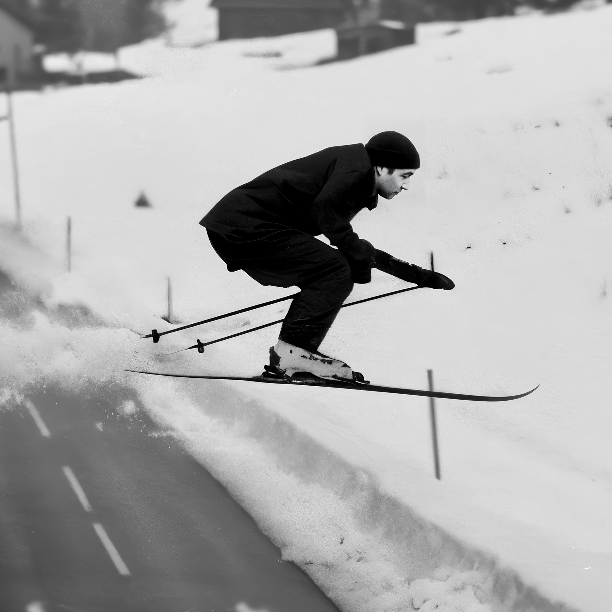 Vintage Ski Jump Over Car Photograph - Daredevil Winter Stunt