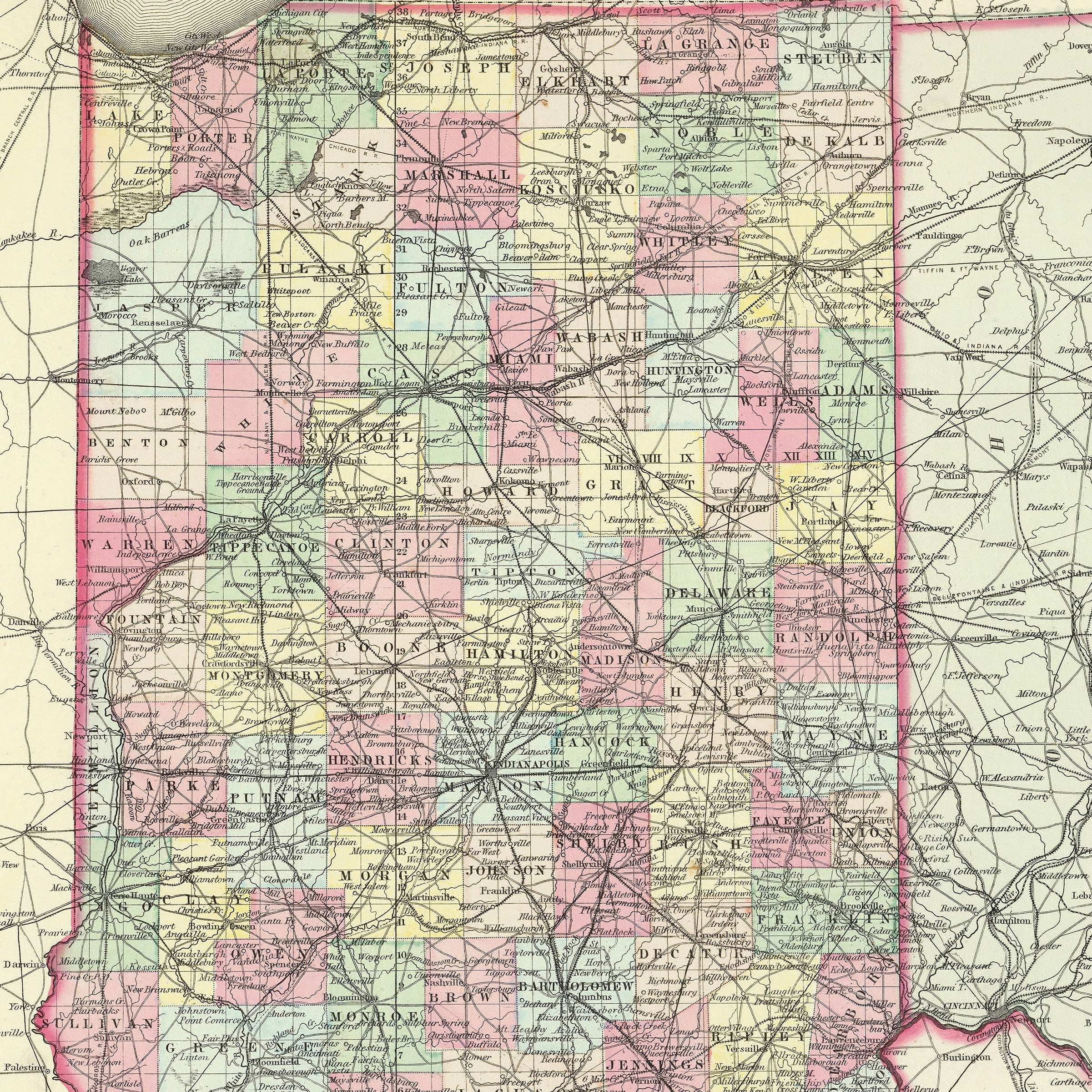 1856 Indiana Map — Vintage State Map by Colton (Restored)