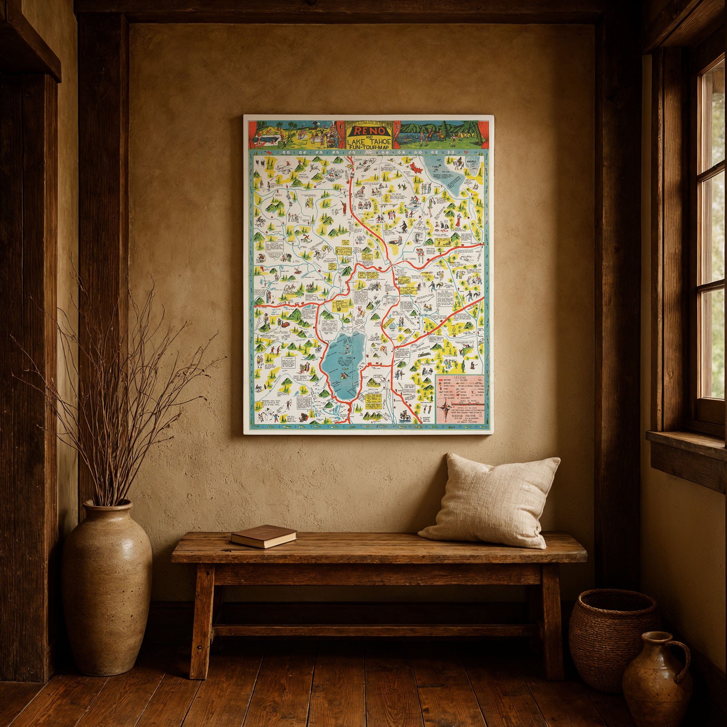 Reno & Lake Tahoe Vintage Map 1956 - Sierra Nevada Pictorial - Archive Prints