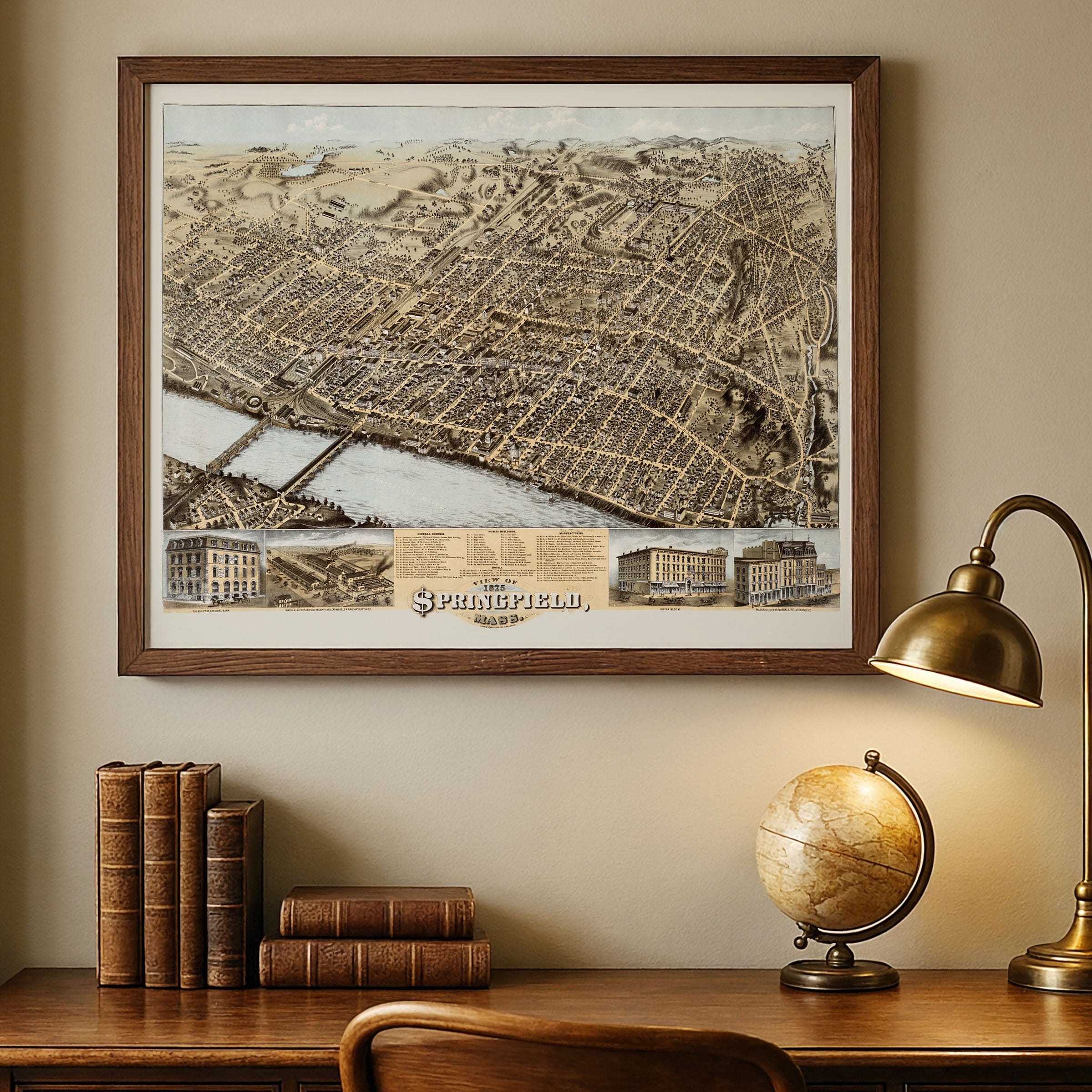 Springfield, Massachusetts Vintage Map 1875 - Bird's Eye View - Archive Prints