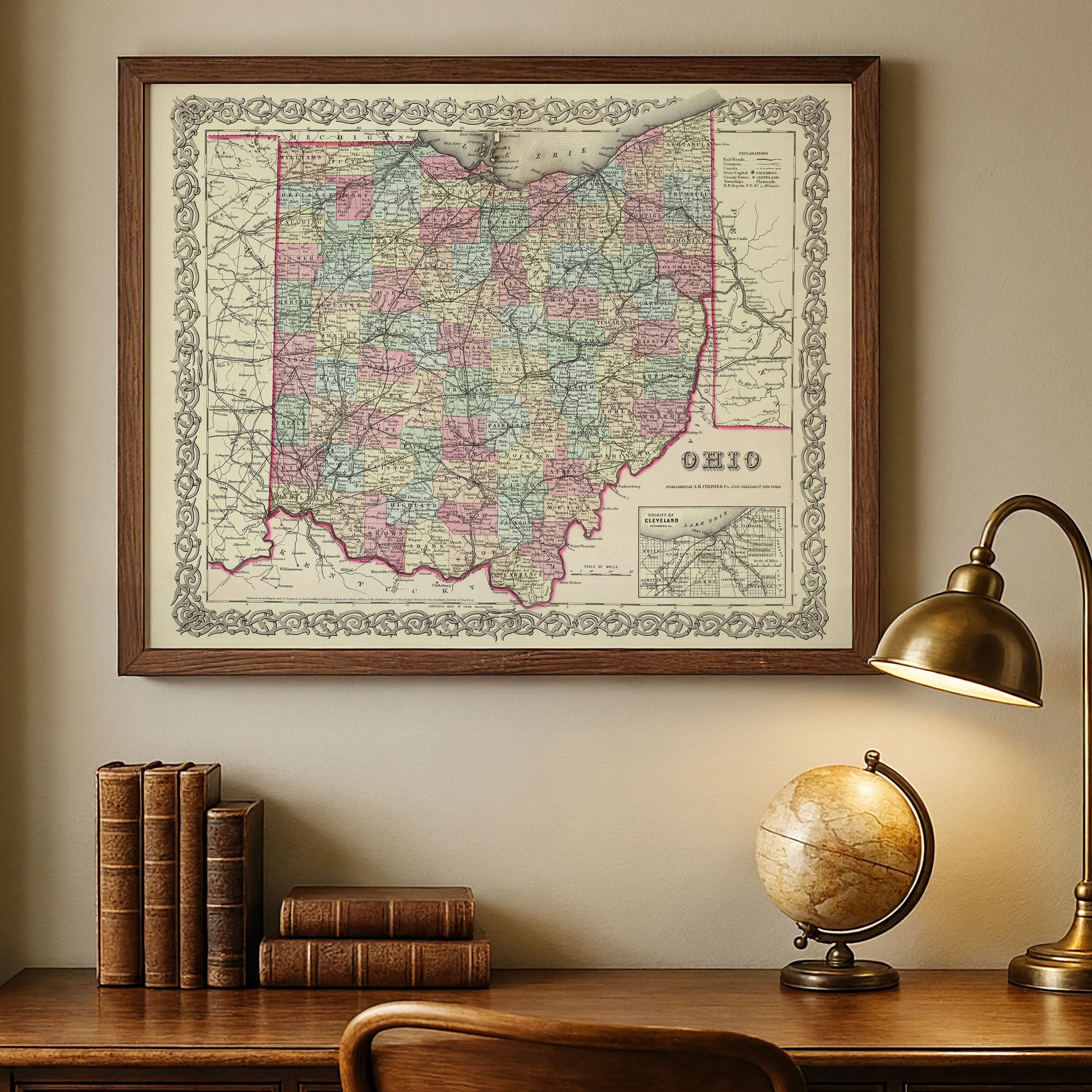 Ohio Map - Vintage 1856 Colton Historical Map with Cleveland Vicinity