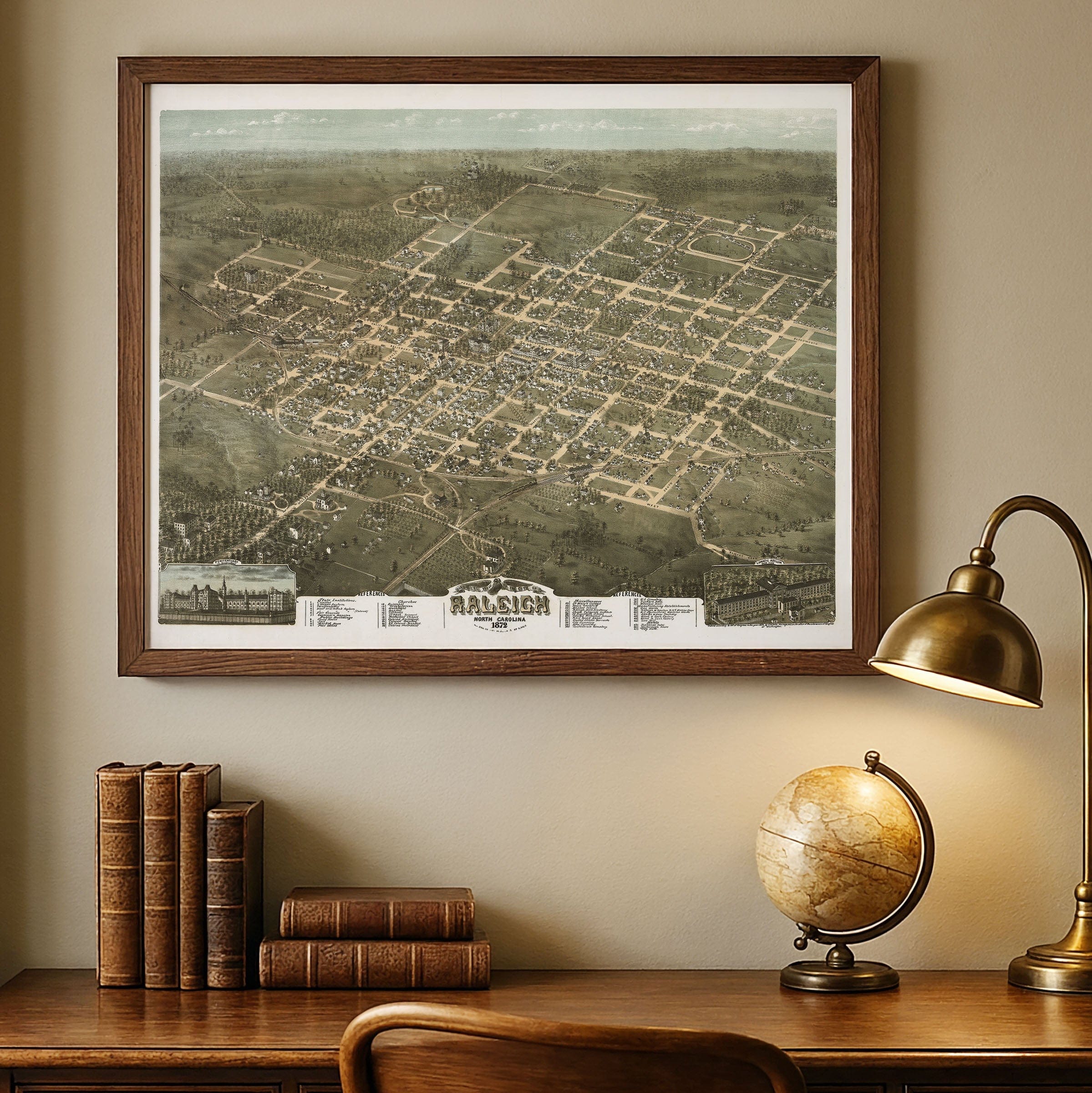 Raleigh, North Carolina Vintage Map 1872 - Bird's Eye View - Archive Prints