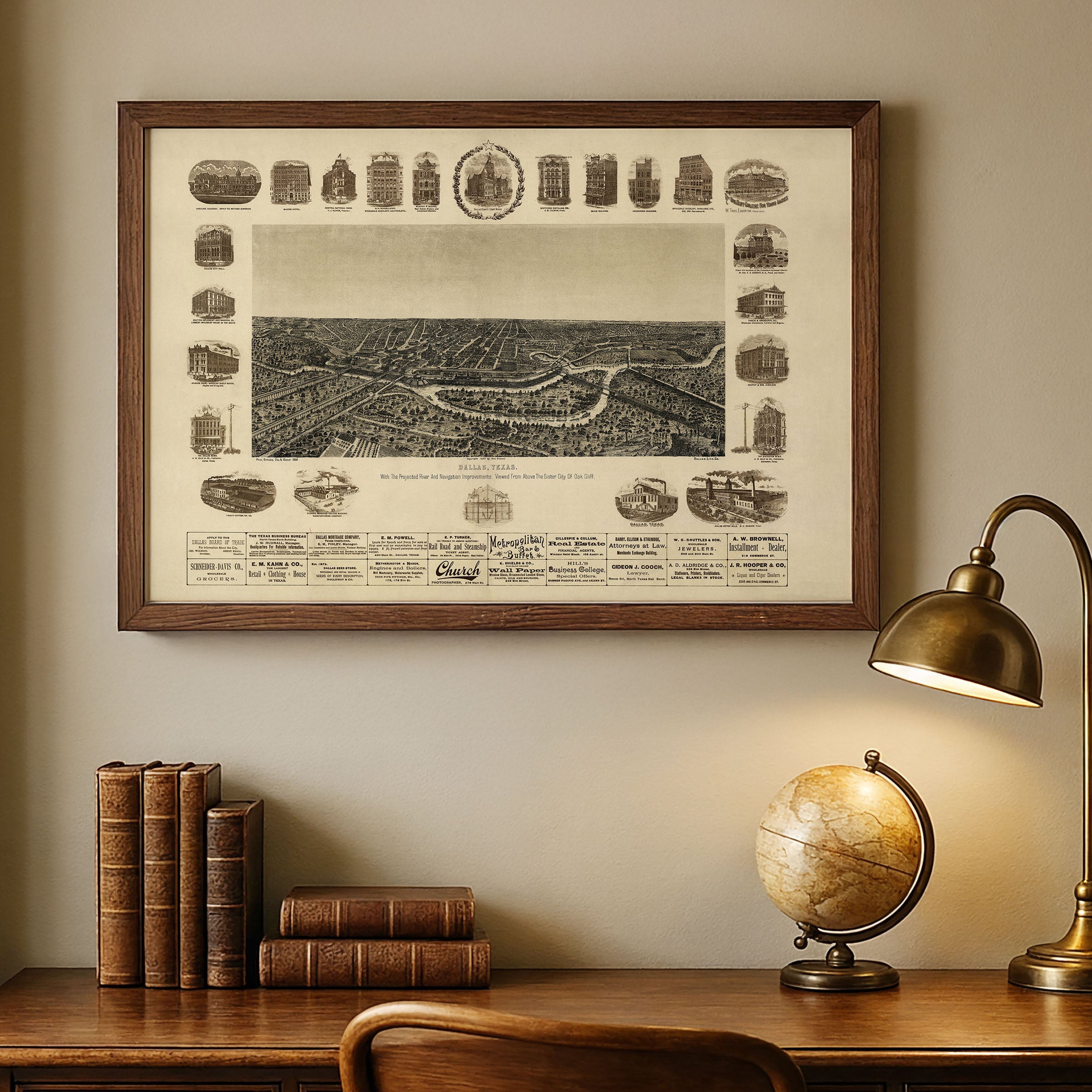 Dallas Texas Map 1892 - Vintage Bird's Eye View with Trinity River Navigation Plans