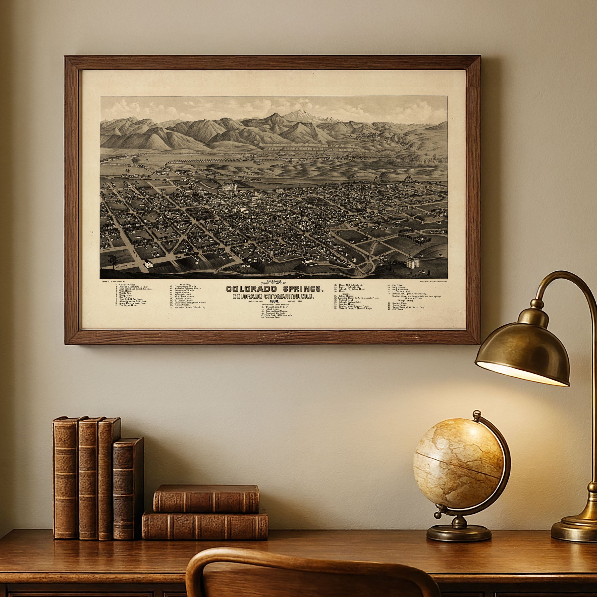 Colorado Springs Map 1882 - Vintage Bird's Eye View Pikes Peak Panoramic Map