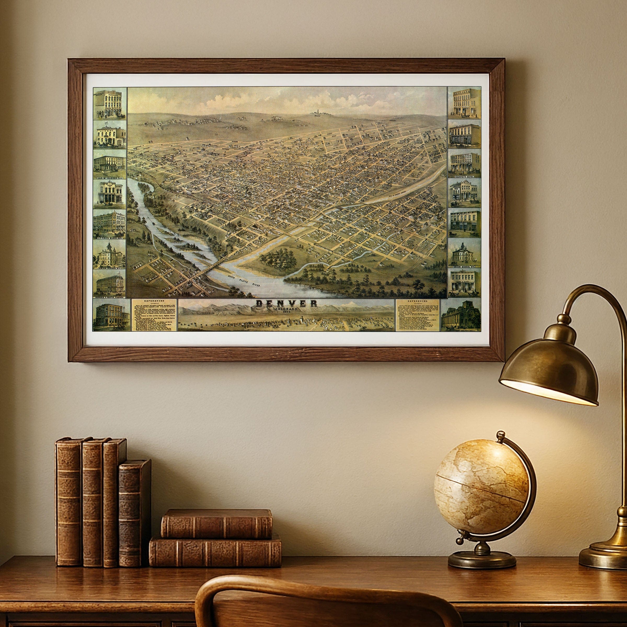 Denver Colorado Map - 1874 Bird's-Eye View Historic Mile High City Map - Archive Prints