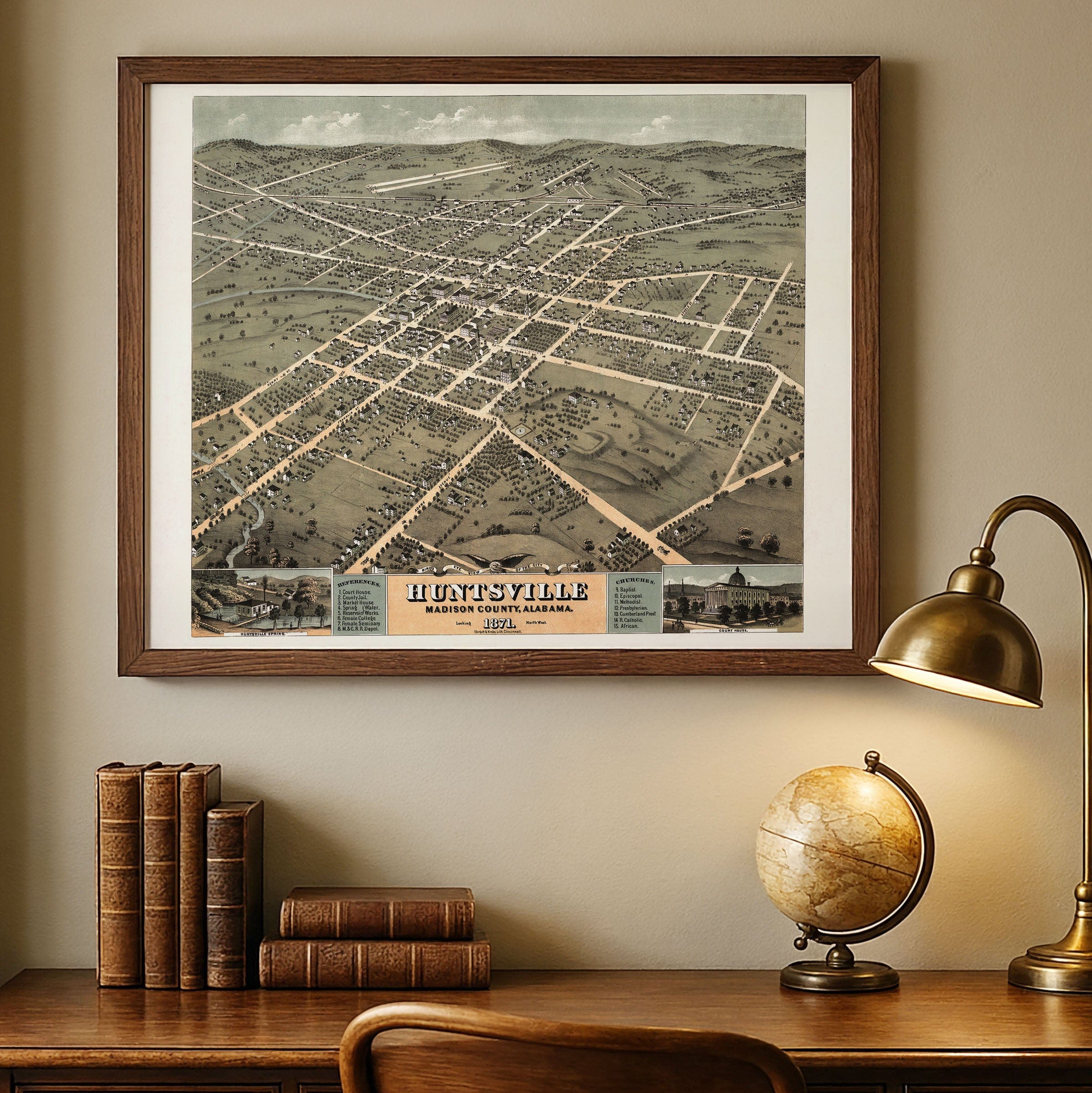 Huntsville Alabama Map - 1871 Bird's-Eye View Historic Madison County Map