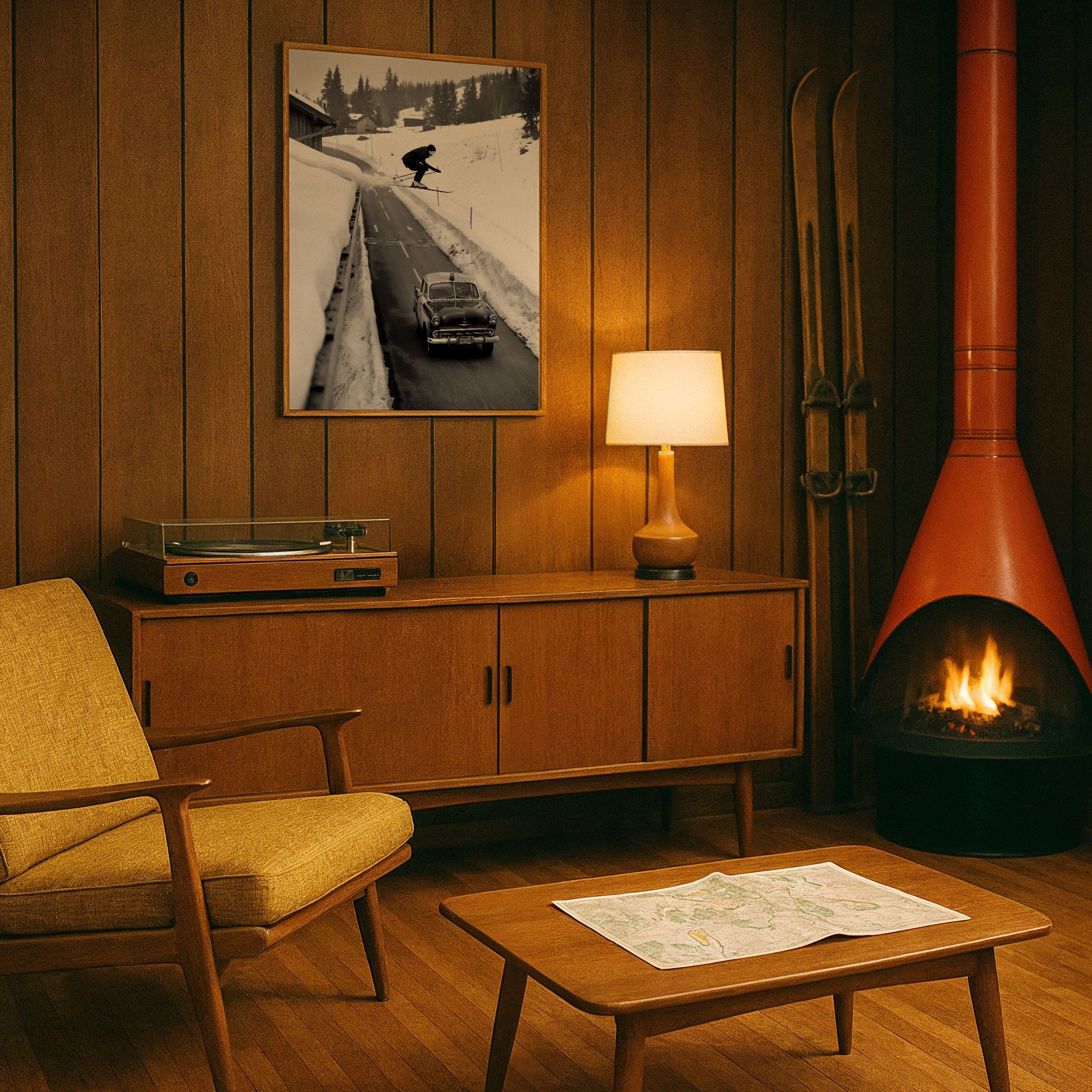 Vintage Ski Jump Over Car Photograph - Daredevil Winter Stunt