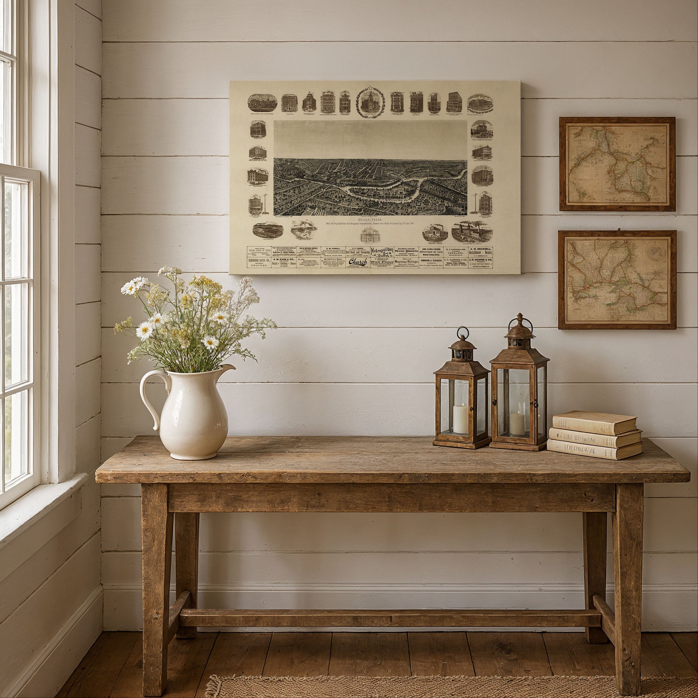 Dallas Texas Map 1892 - Vintage Bird's Eye View with Trinity River Navigation Plans