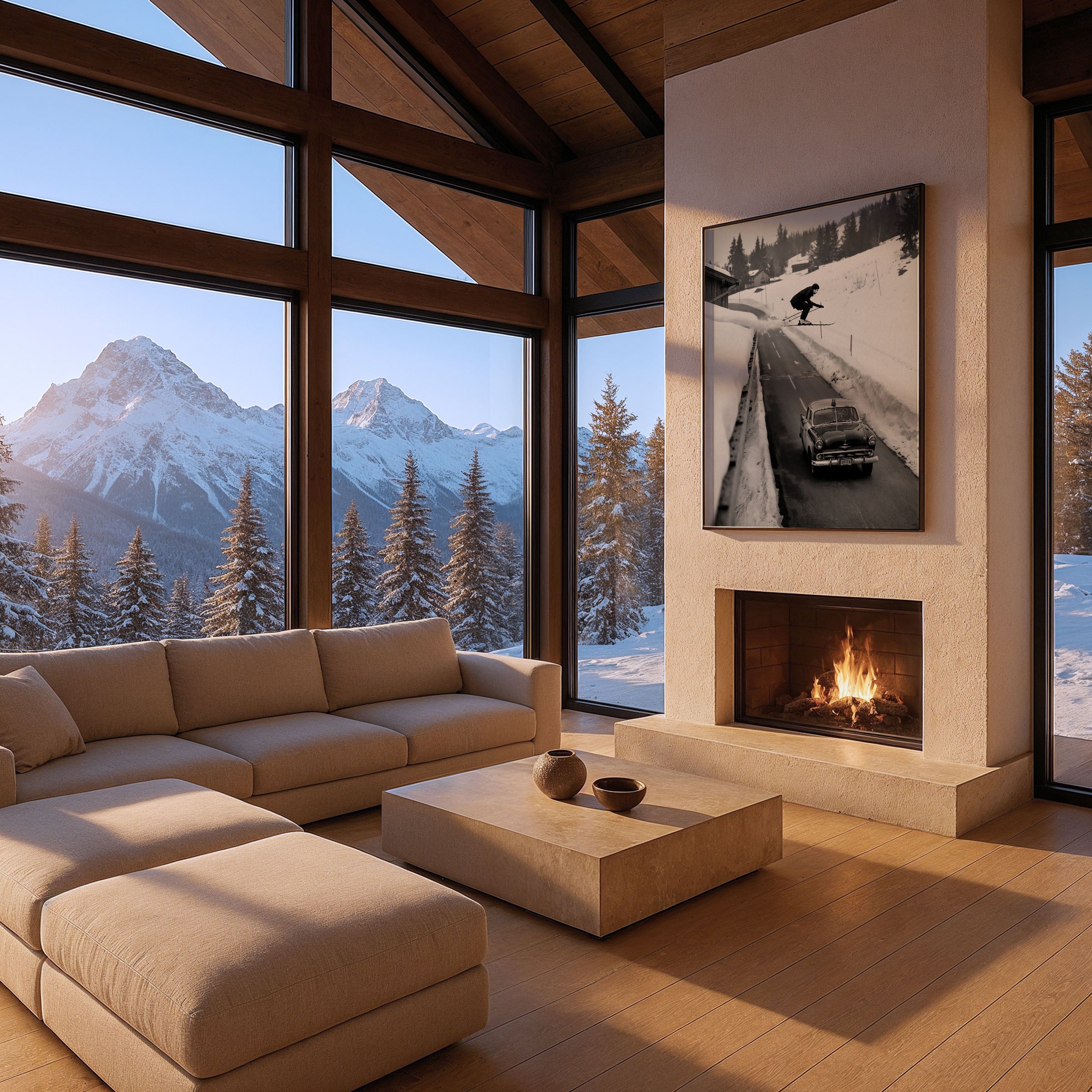 Vintage Ski Jump Over Car Photograph - Daredevil Winter Stunt