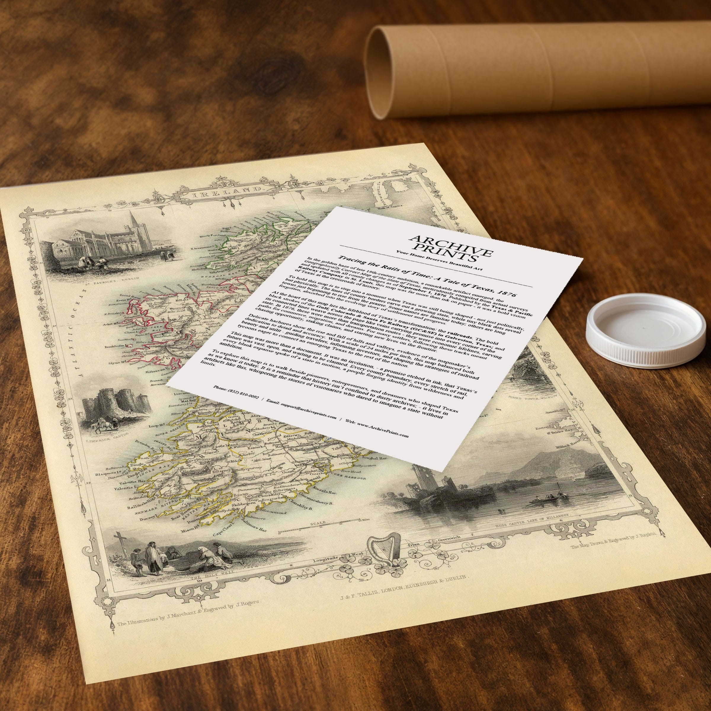 Vintage Ireland Map c. 1840s - J. & F. Tallis Illustrated - Archive Prints