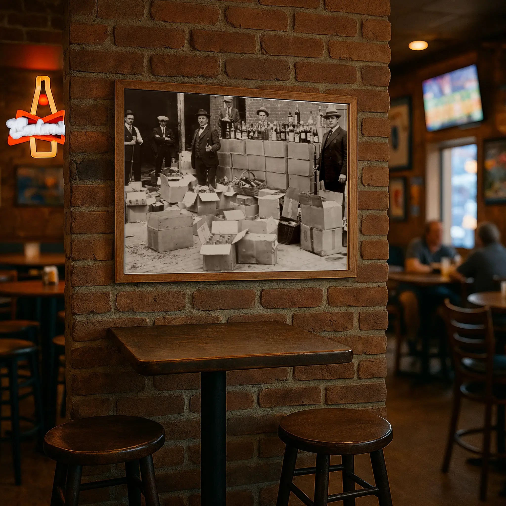 Prohibition enforcement print in modern pub with high-top tables and brick wall atmosphere