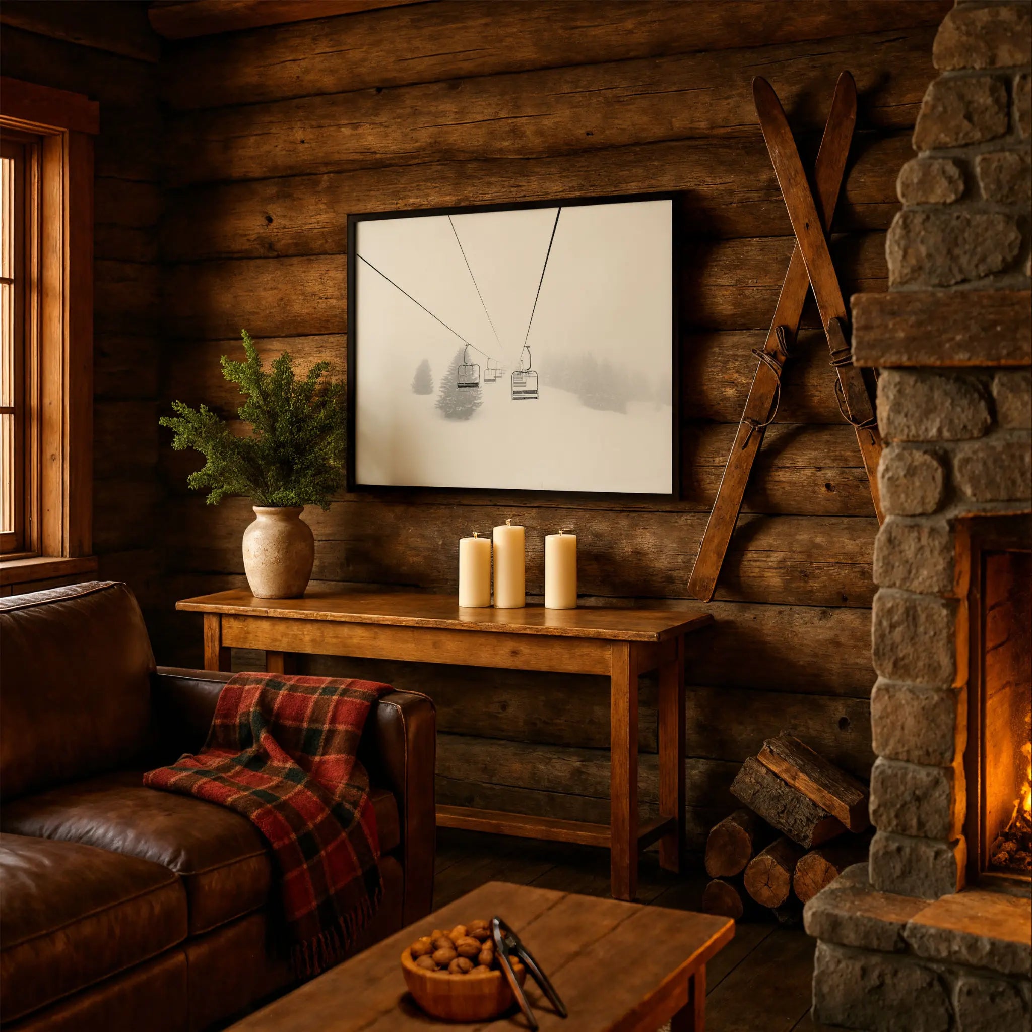 Vintage Ski Lift Chairs Photo in Rustic Cabin Setting