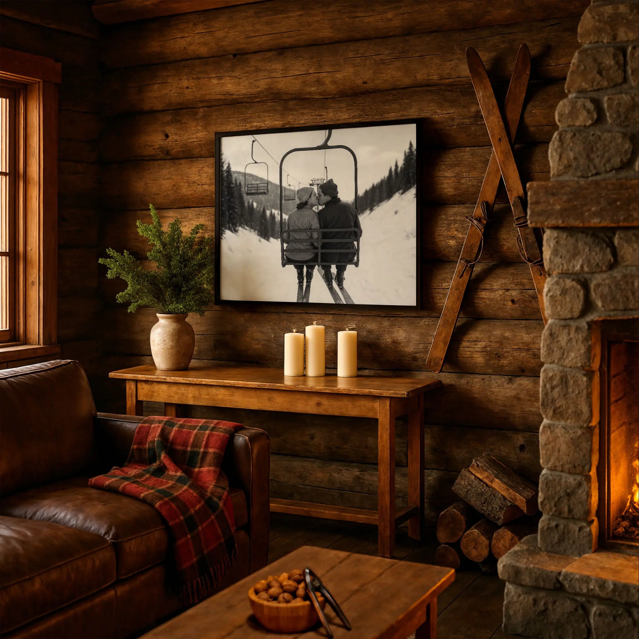 Romantic Chairlift Kiss Photo in Cabin Couch Setting