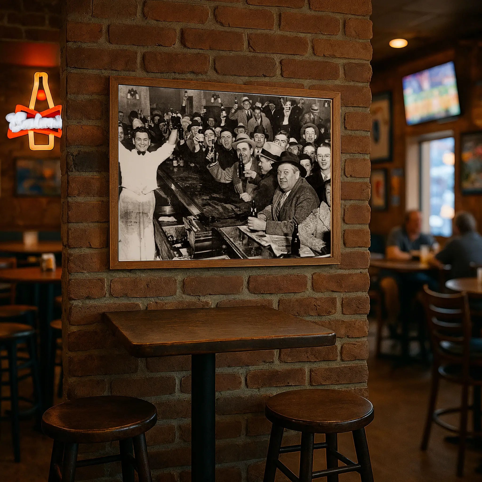 Prohibition repeal print in modern pub with high-top tables and brick wall atmosphere