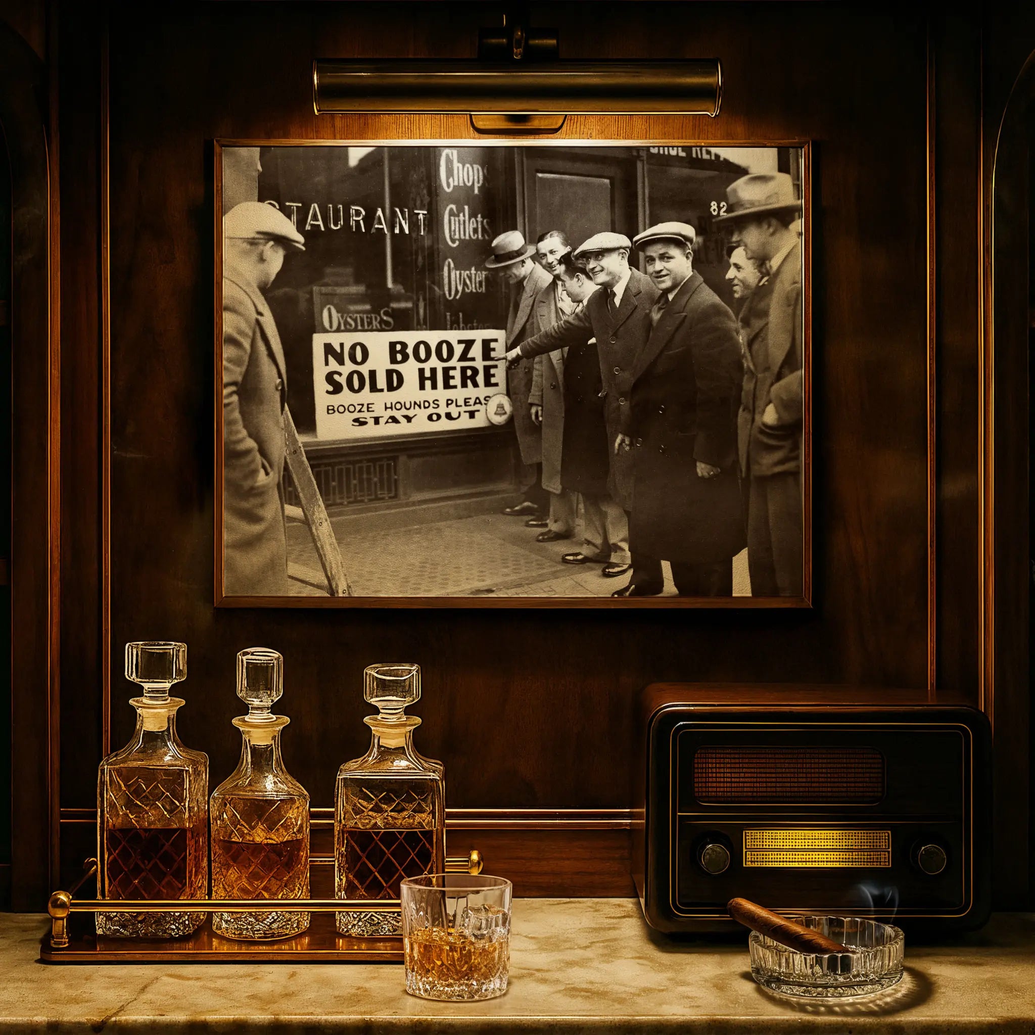 Booze Hounds Stay Out photograph displayed in luxury study with crystal decanters and vintage radio atmosphere