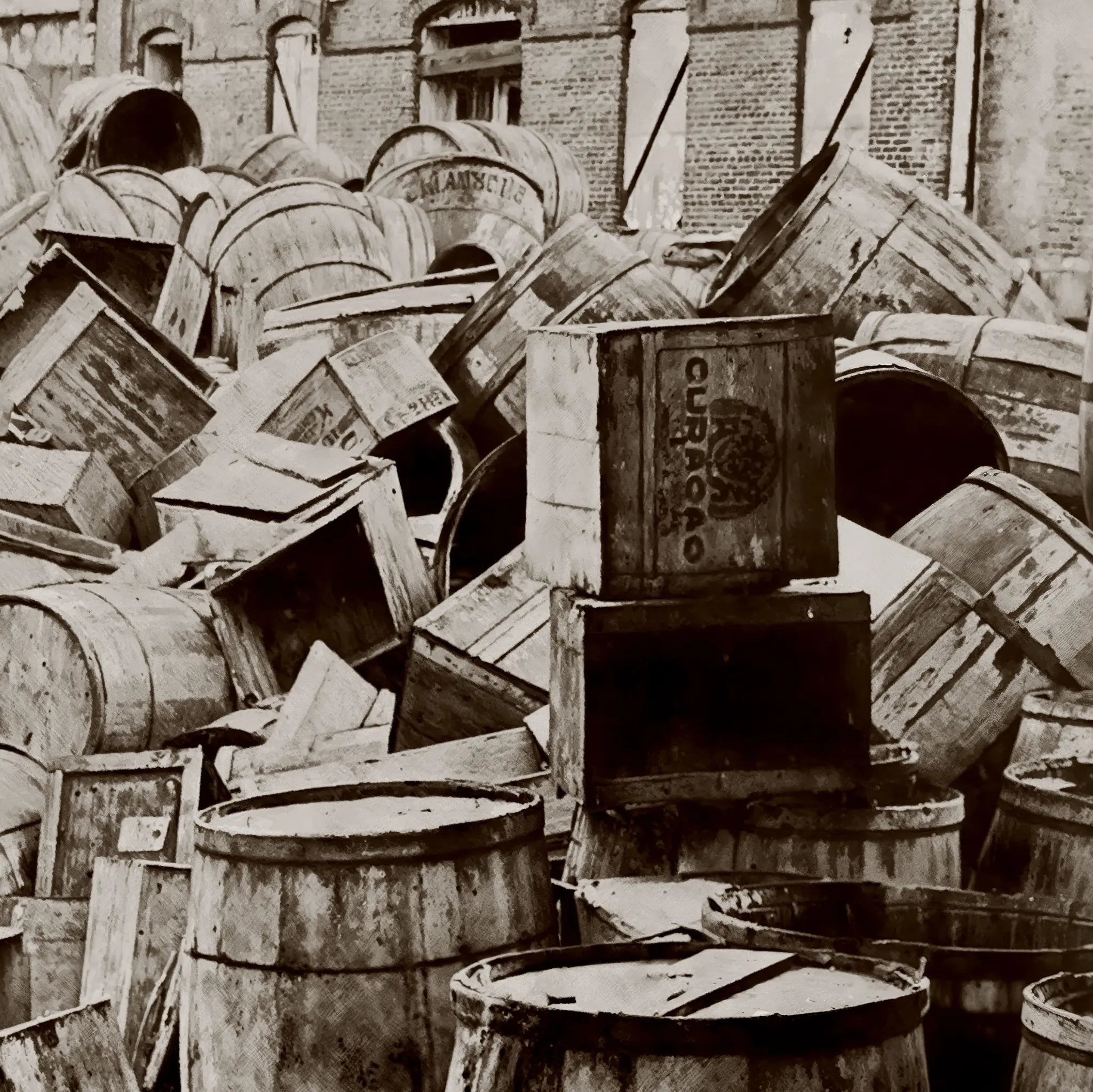 Close-up detail of destroyed whiskey barrels showing the massive scale of $150000 prohibition enforcement operation