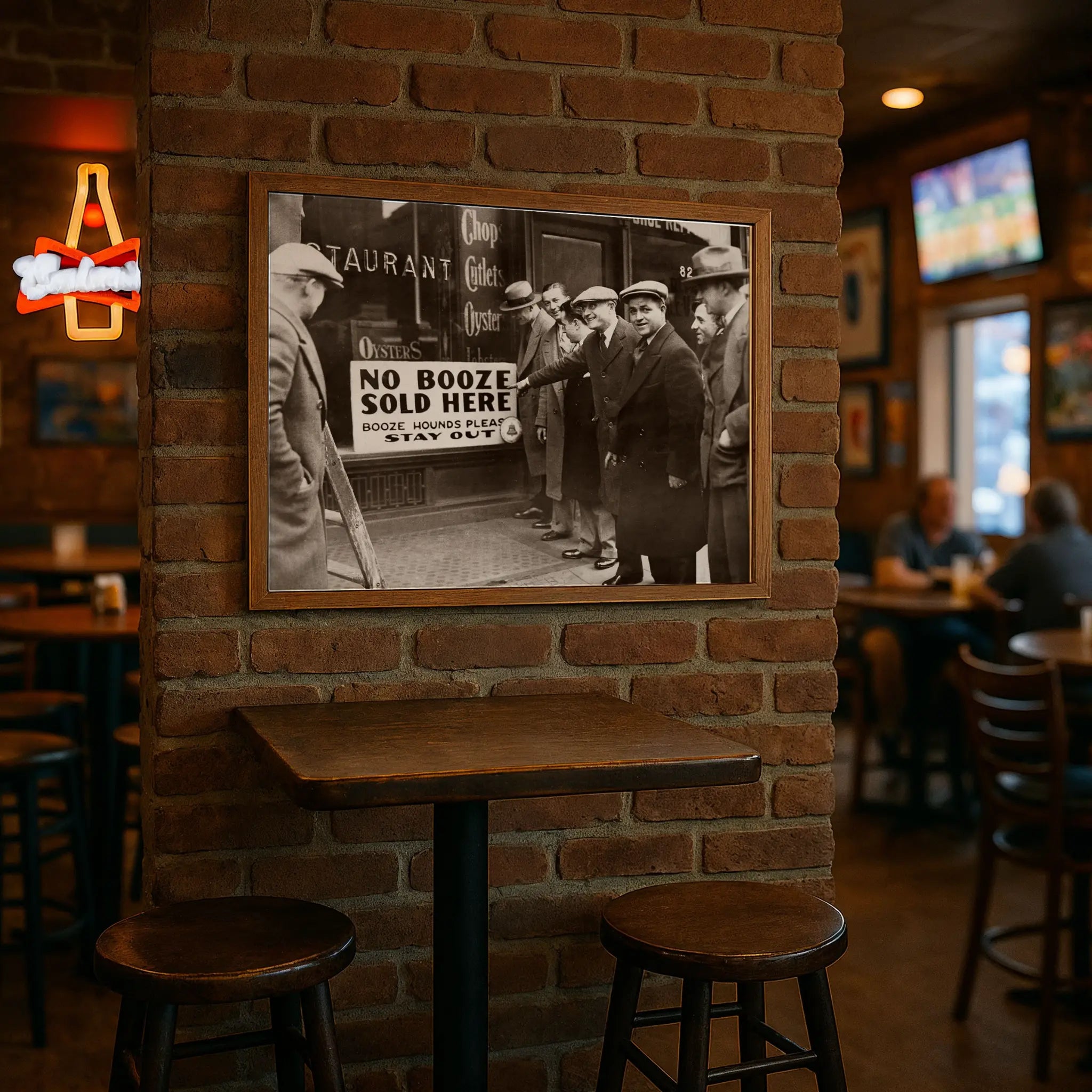 Restaurant compliance sign print in modern pub with high-top tables and brick wall atmosphere