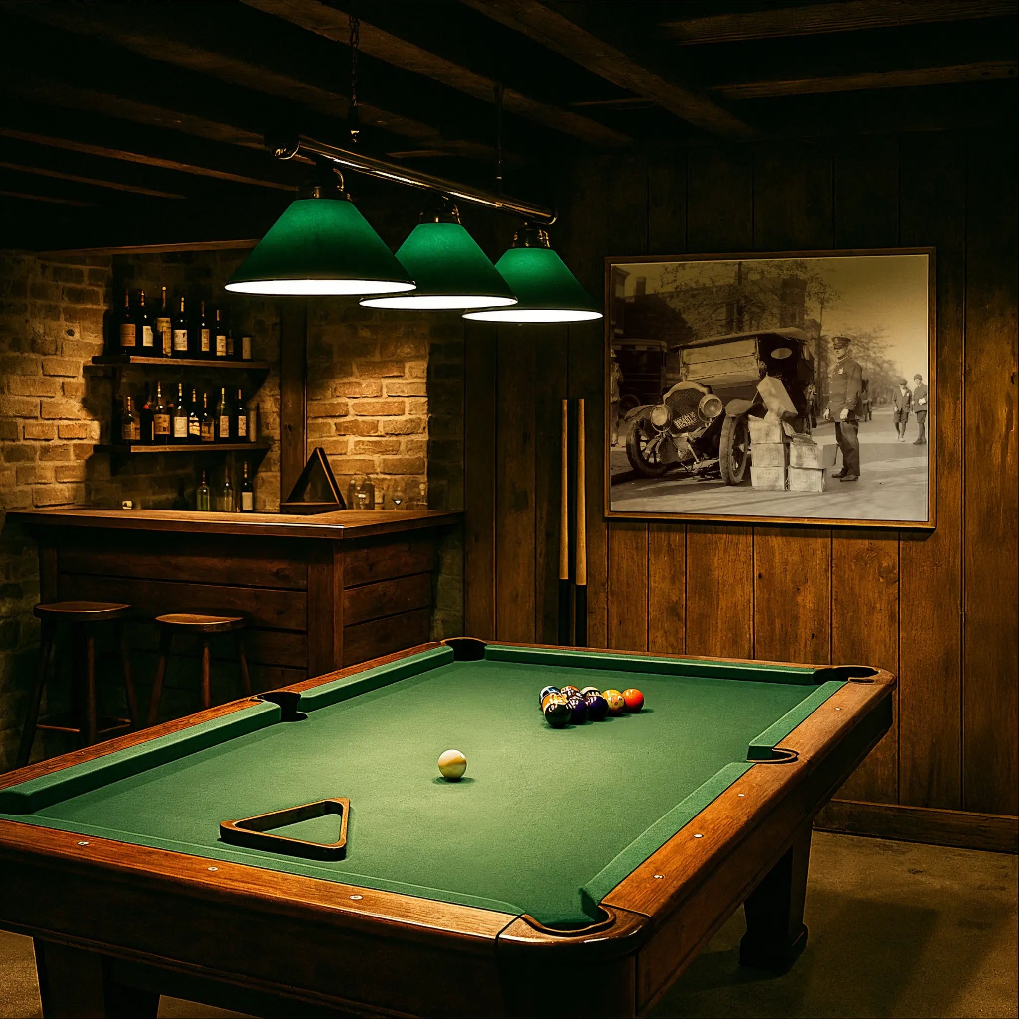 Prohibition police print in vintage pool hall with green felt table and period lighting