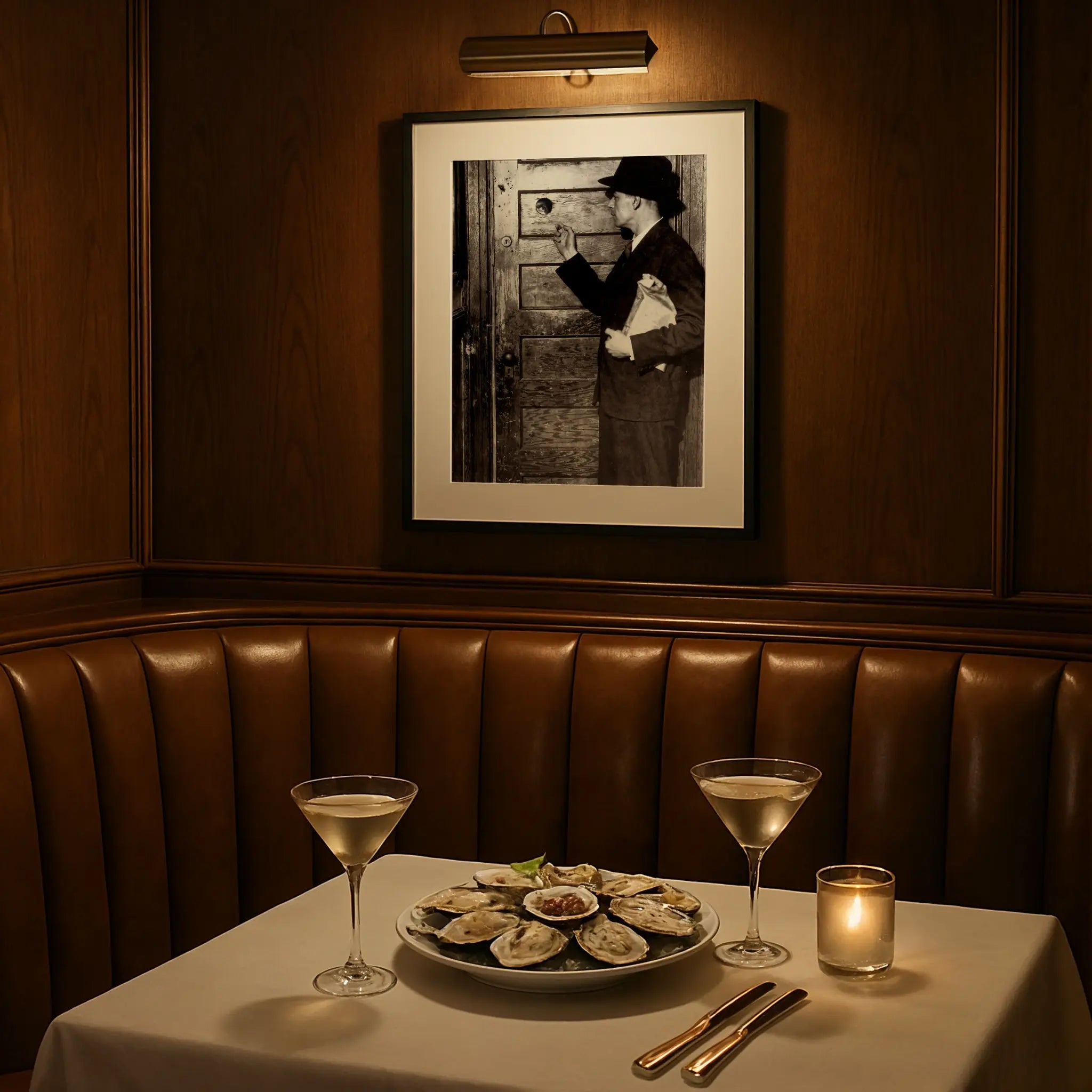 Speakeasy photograph in elegant restaurant booth setting with cocktails and period ambiance