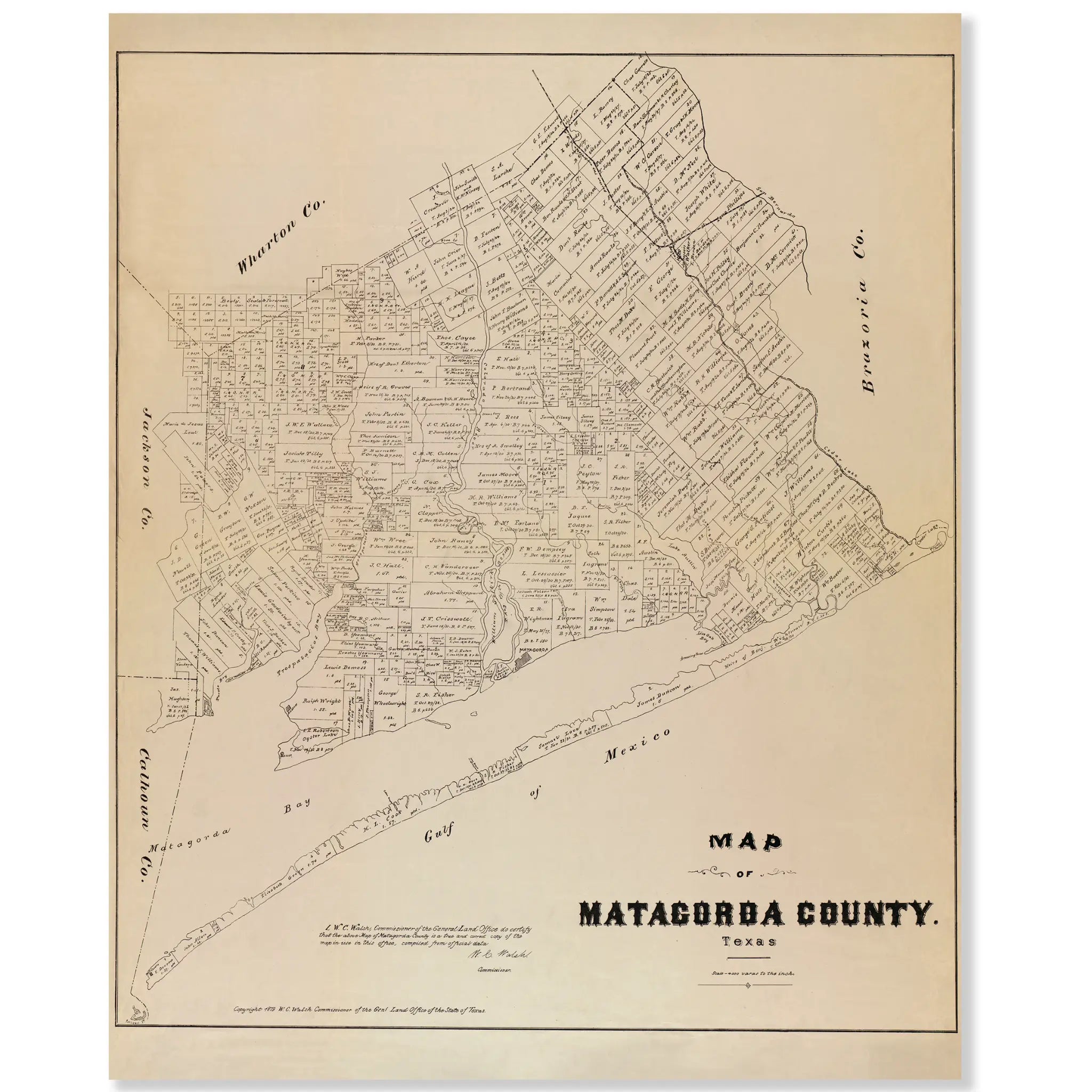 Matagorda County Map - Vintage 1879 Texas General Land Office Map - Main Image